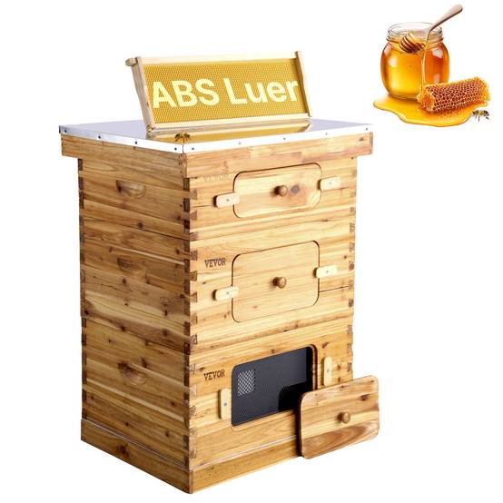 VEVOR Ruche abeilles 30 cadres, bois sapin cire d'abeille, 2 boîtes profondes 1 moyenne. Fenêtres acrylique. - Image 1