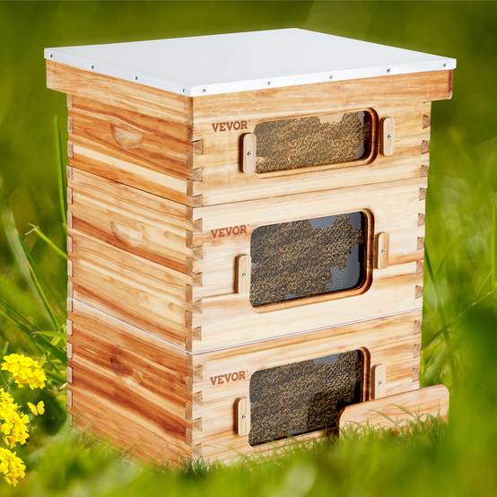 VEVOR Ruche abeilles 30 cadres, bois sapin cire d'abeille, 2 boîtes profondes 1 moyenne. Fenêtres acrylique. - Image 8