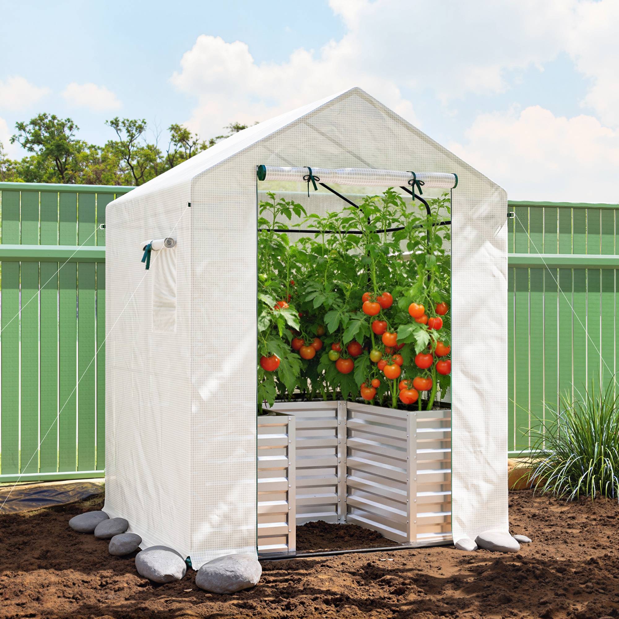 Serre à tomates acier et PE pour potager avec carré potager intégré 141x141x190cm blanc - ComfortXL Outdoor Living - Image 4