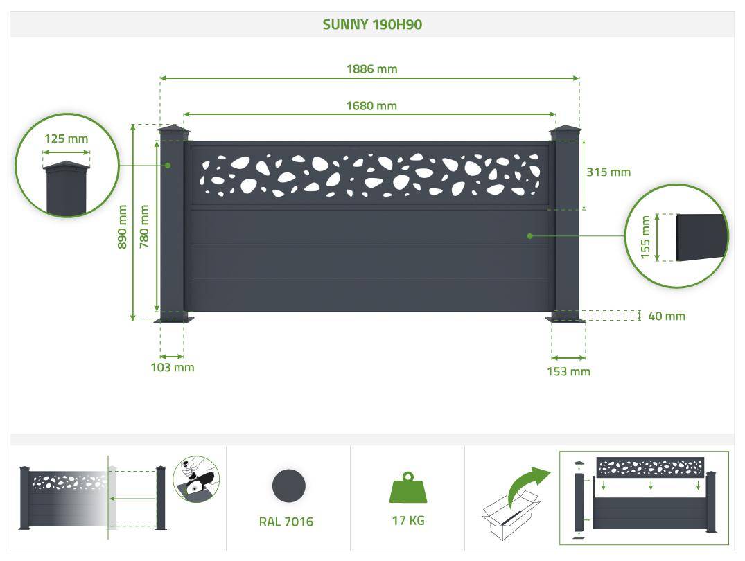 CASANOOV - Casanoov Lot de 3 kits de clôture aluminium SUNNY H.90   cm - kits complet 5.7m - Image 2