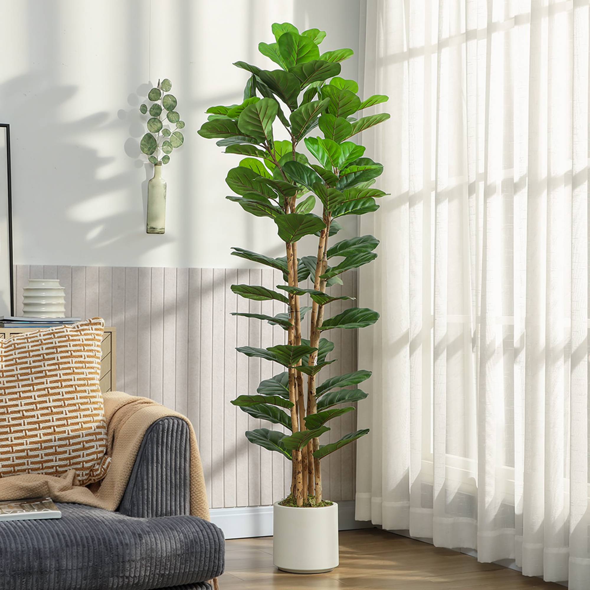 Faux figuier lyre artificiel, 91 feuilles, tronc bois massif, pot, 55x55x180 cm, vert - Image 4