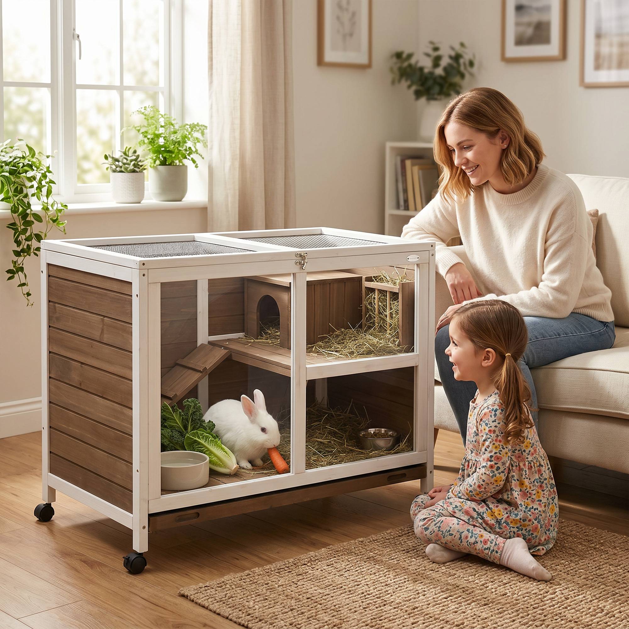 Sans Marque - Cage lapin roulettes petit enclos bois massif 2 étages toit ouvrant 91,5x53,3x73 cm marron - Image 3