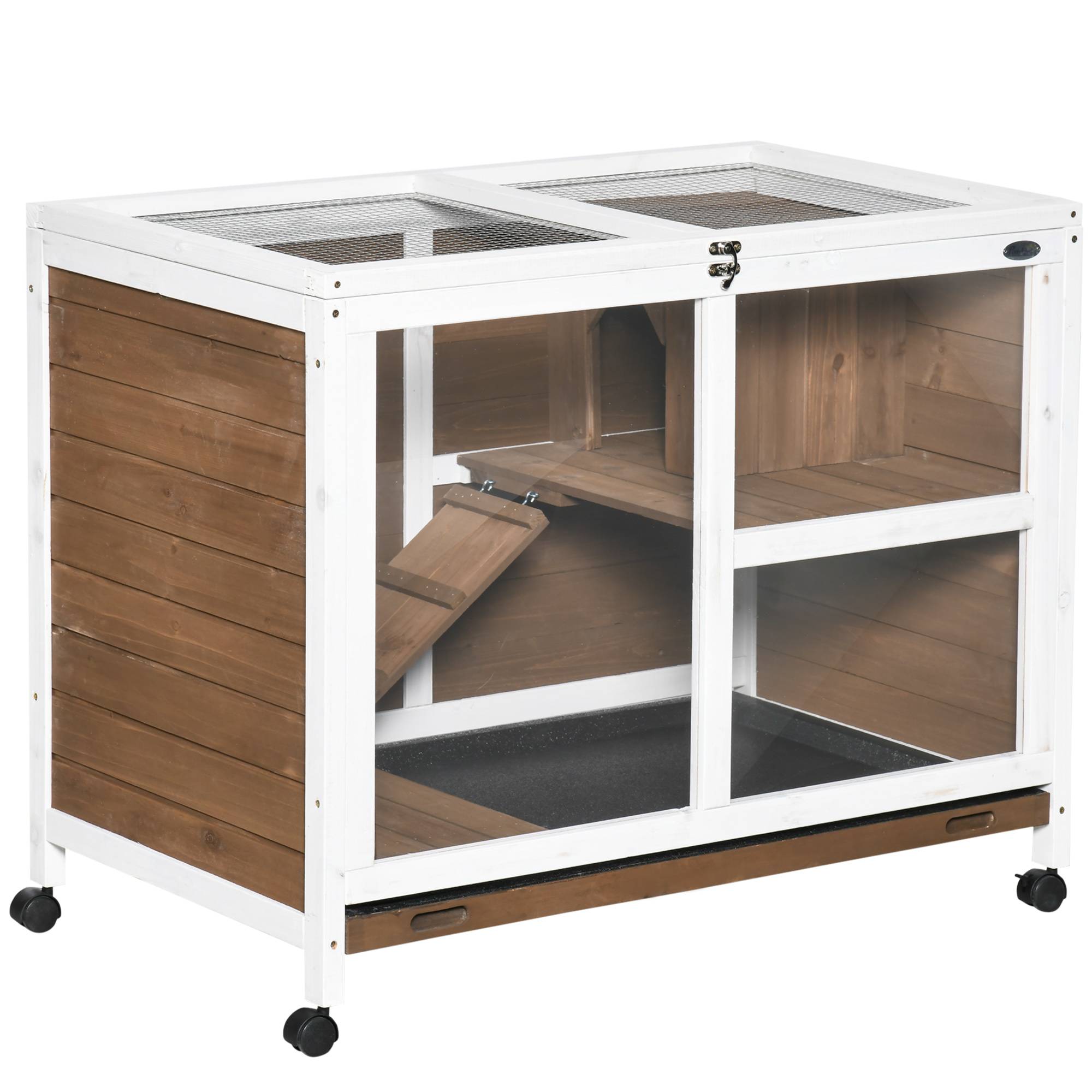 Sans Marque - Cage lapin roulettes petit enclos bois massif 2 étages toit ouvrant 91,5x53,3x73 cm marron - Image 1