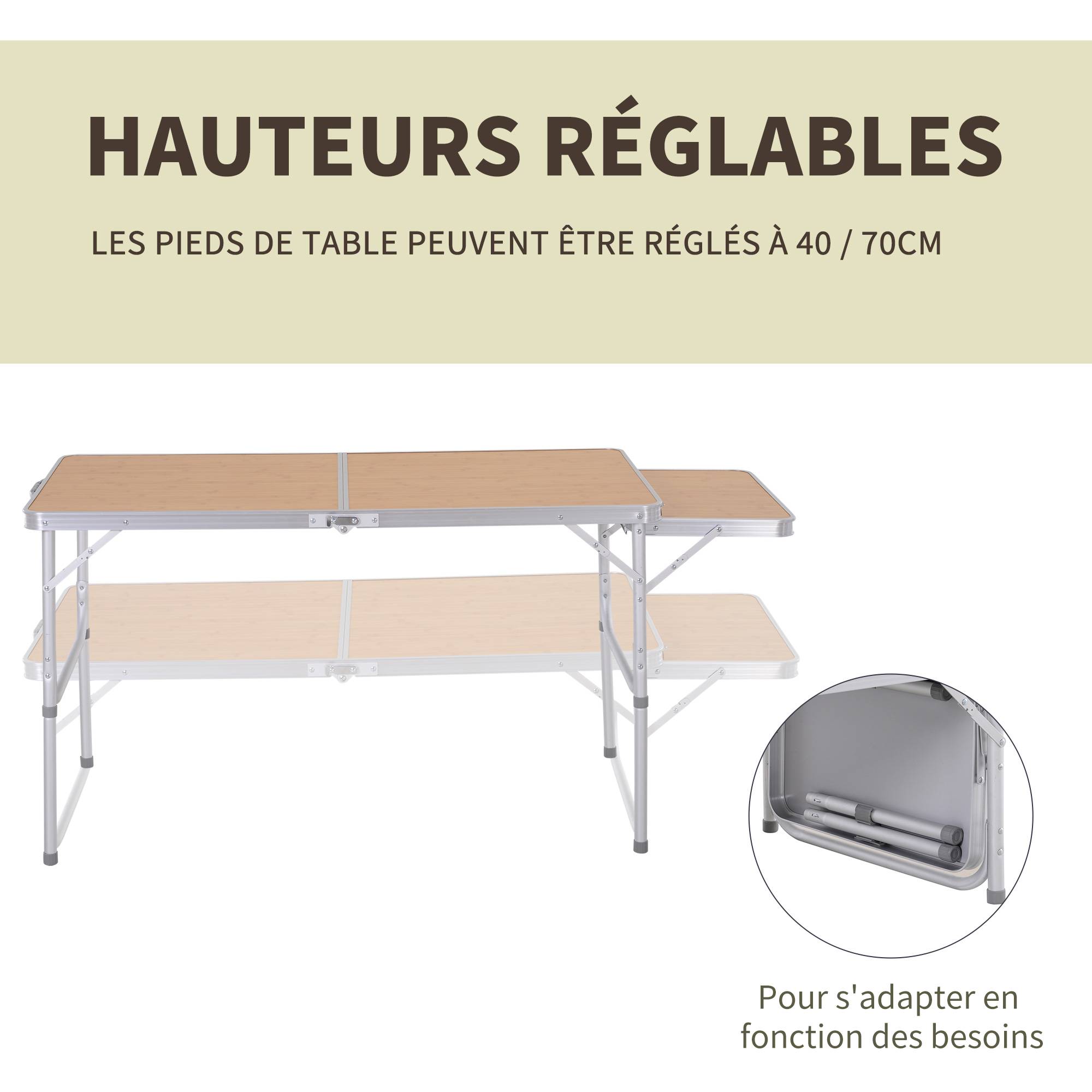 Table Pliante Table de Camping Table de Jardin avec rallonge Hauteur réglable Aluminium MDF Imitation Bambou - Image 7