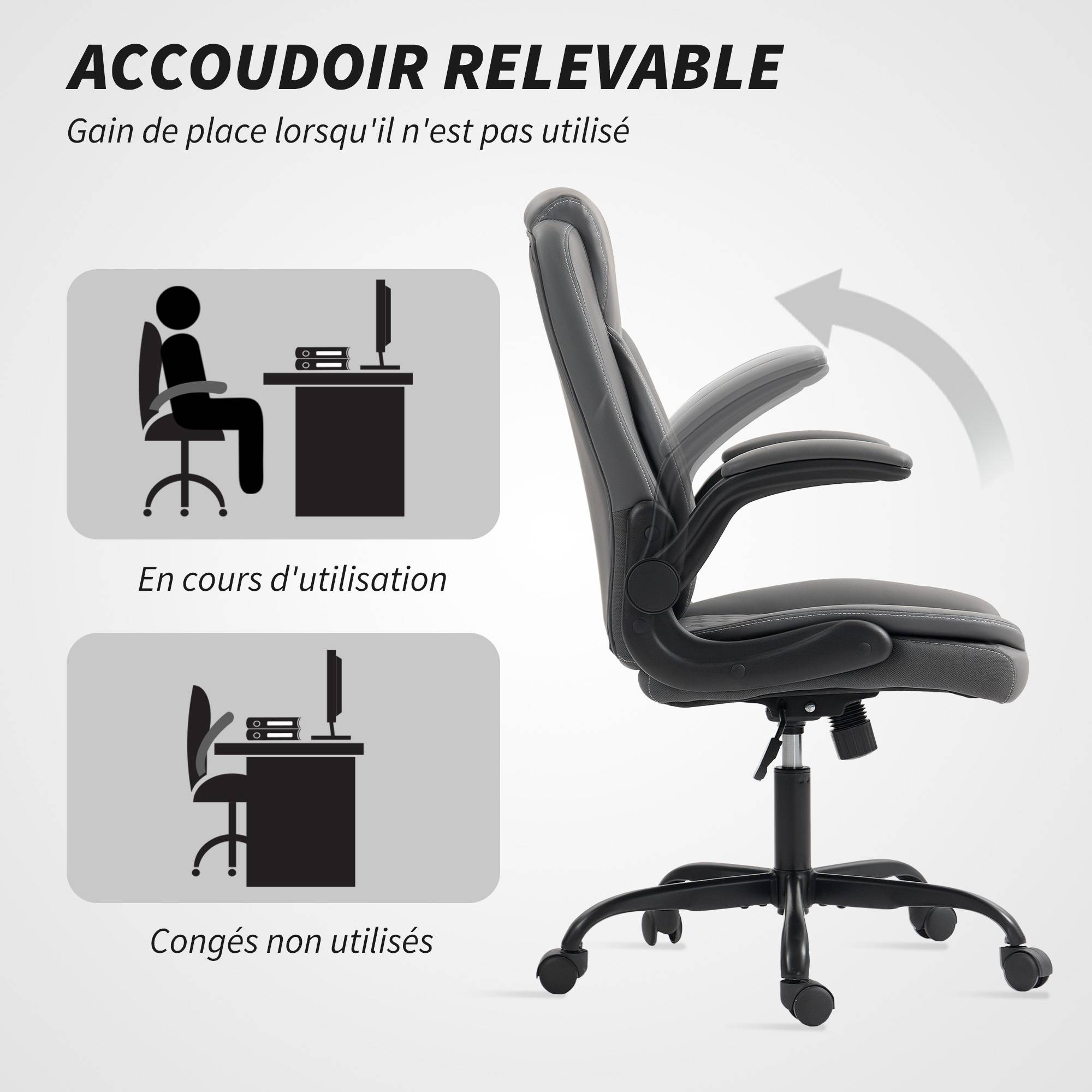Sans Marque - Fauteuil de bureau, chaise bureau ergonomique avec accoudoirs relevables, hauteur réglable, fonction de bascule, gris - Image 9