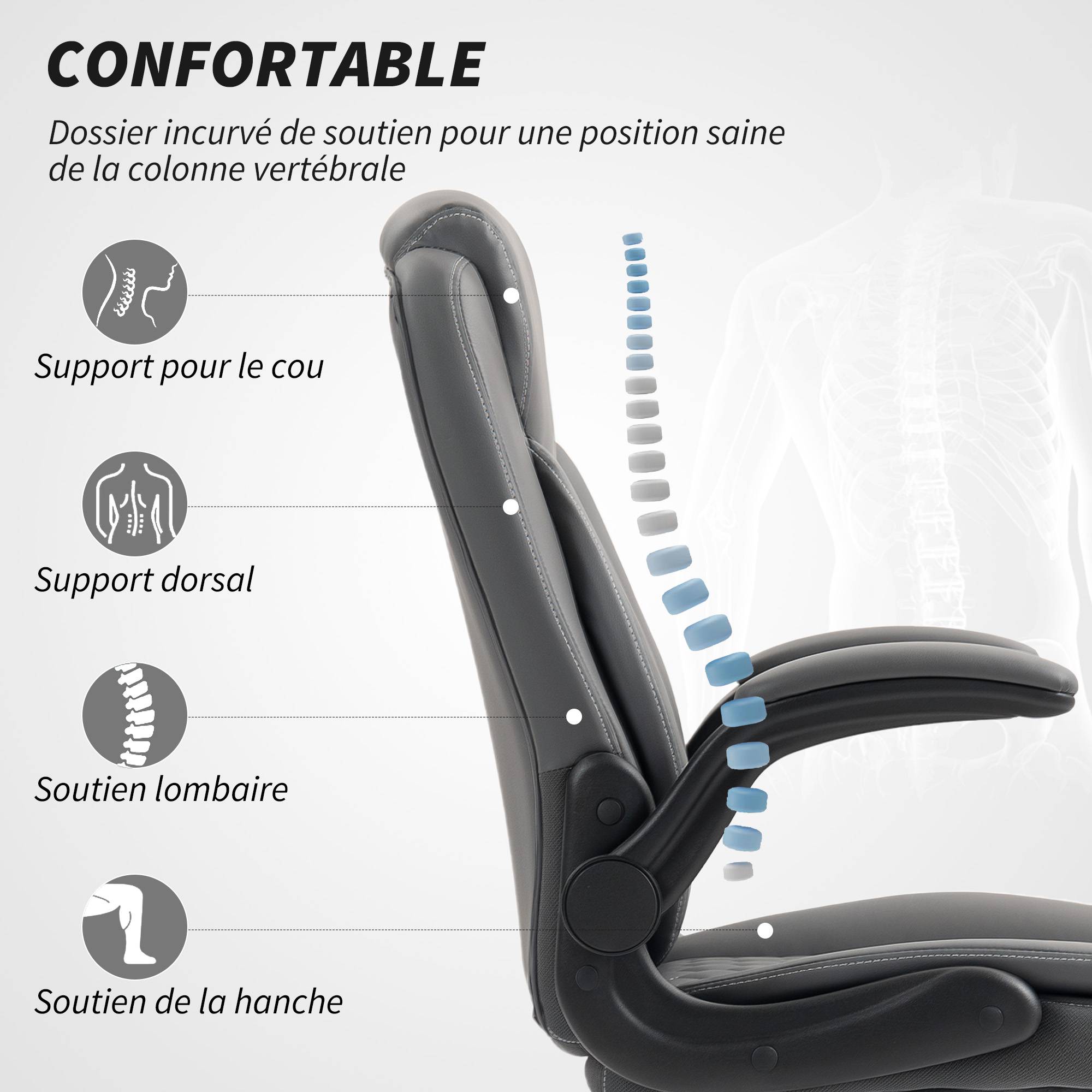 Sans Marque - Fauteuil de bureau, chaise bureau ergonomique avec accoudoirs relevables, hauteur réglable, fonction de bascule, gris - Image 6