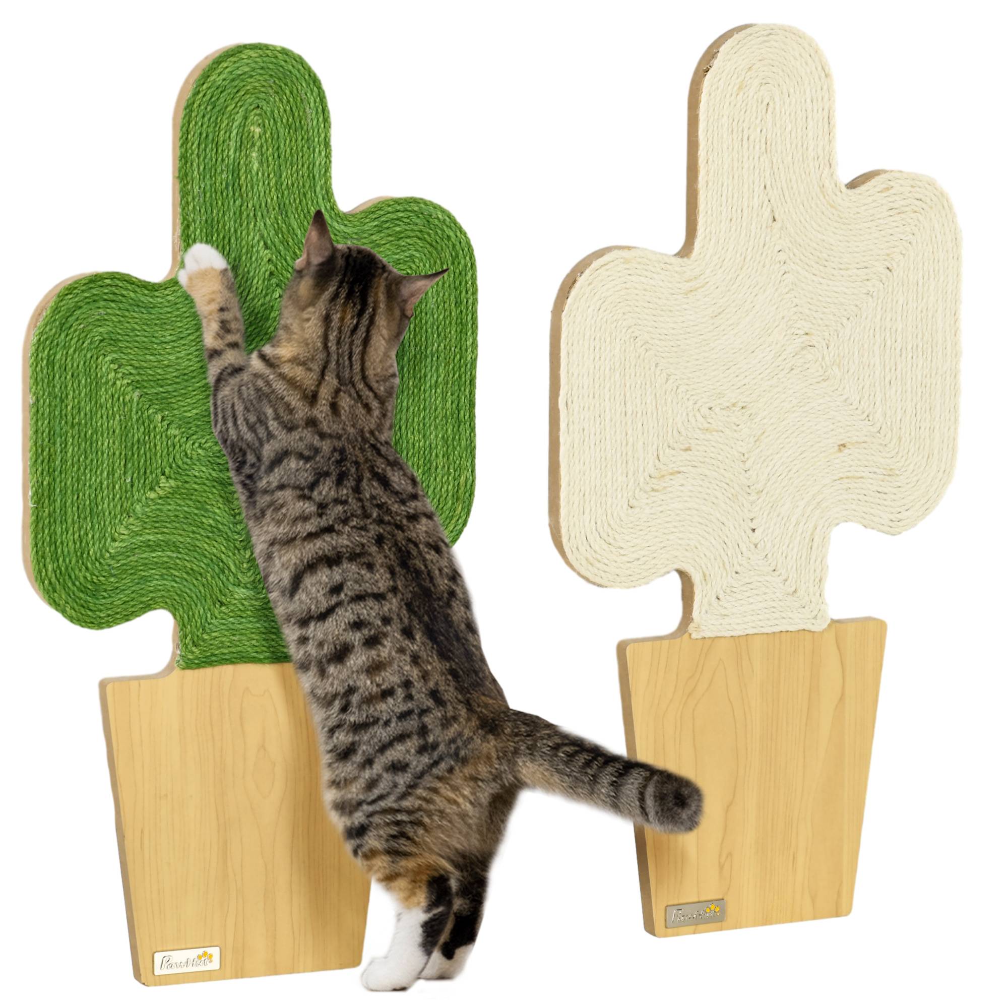 Pawhut - Lot de 2 griffoirs grattoirs murals design cactus dim. 30L x 60H cm jute naturelle écru verte aspect bois clair - Image 1