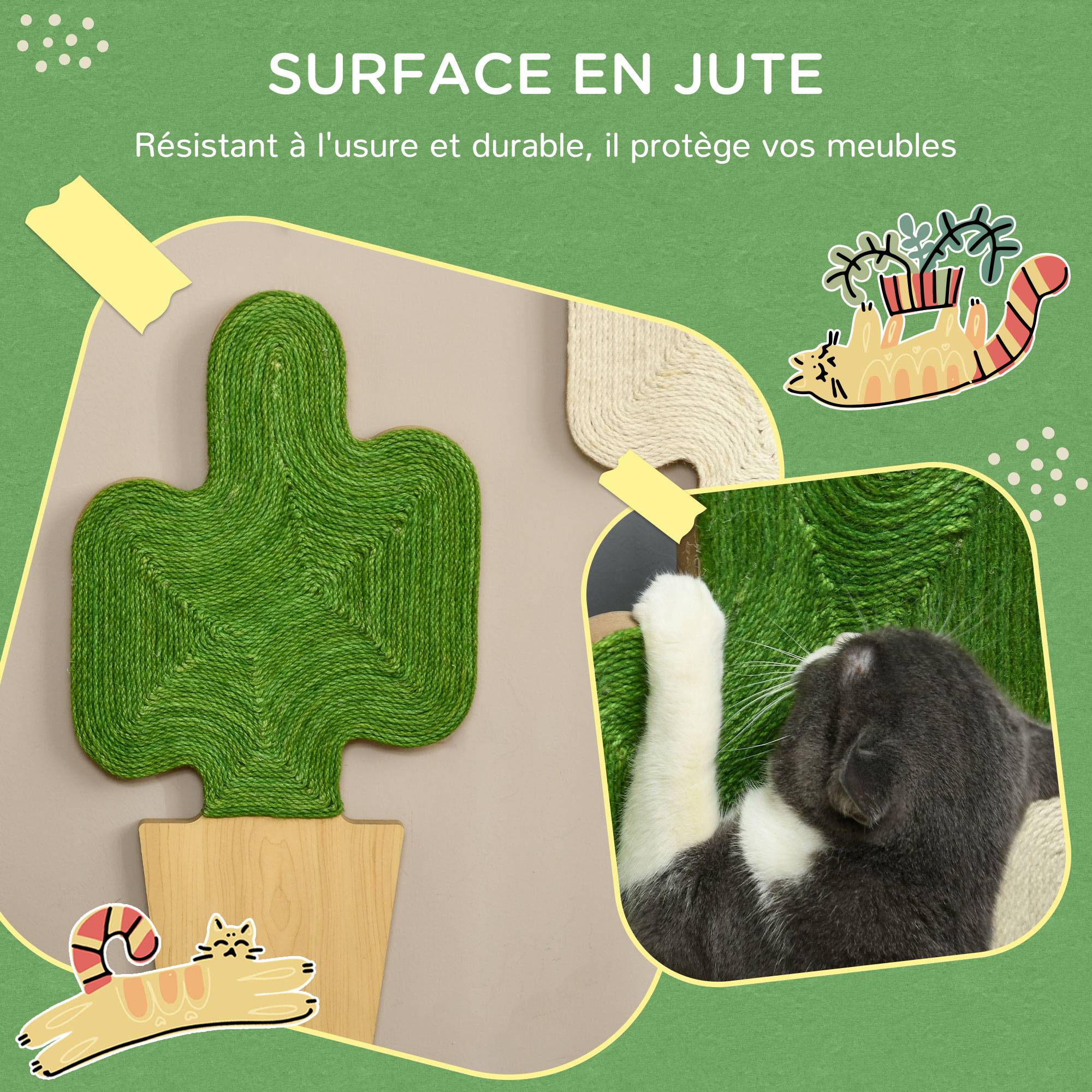 Pawhut - Lot de 2 griffoirs grattoirs murals design cactus dim. 30L x 60H cm jute naturelle écru verte aspect bois clair - Image 4