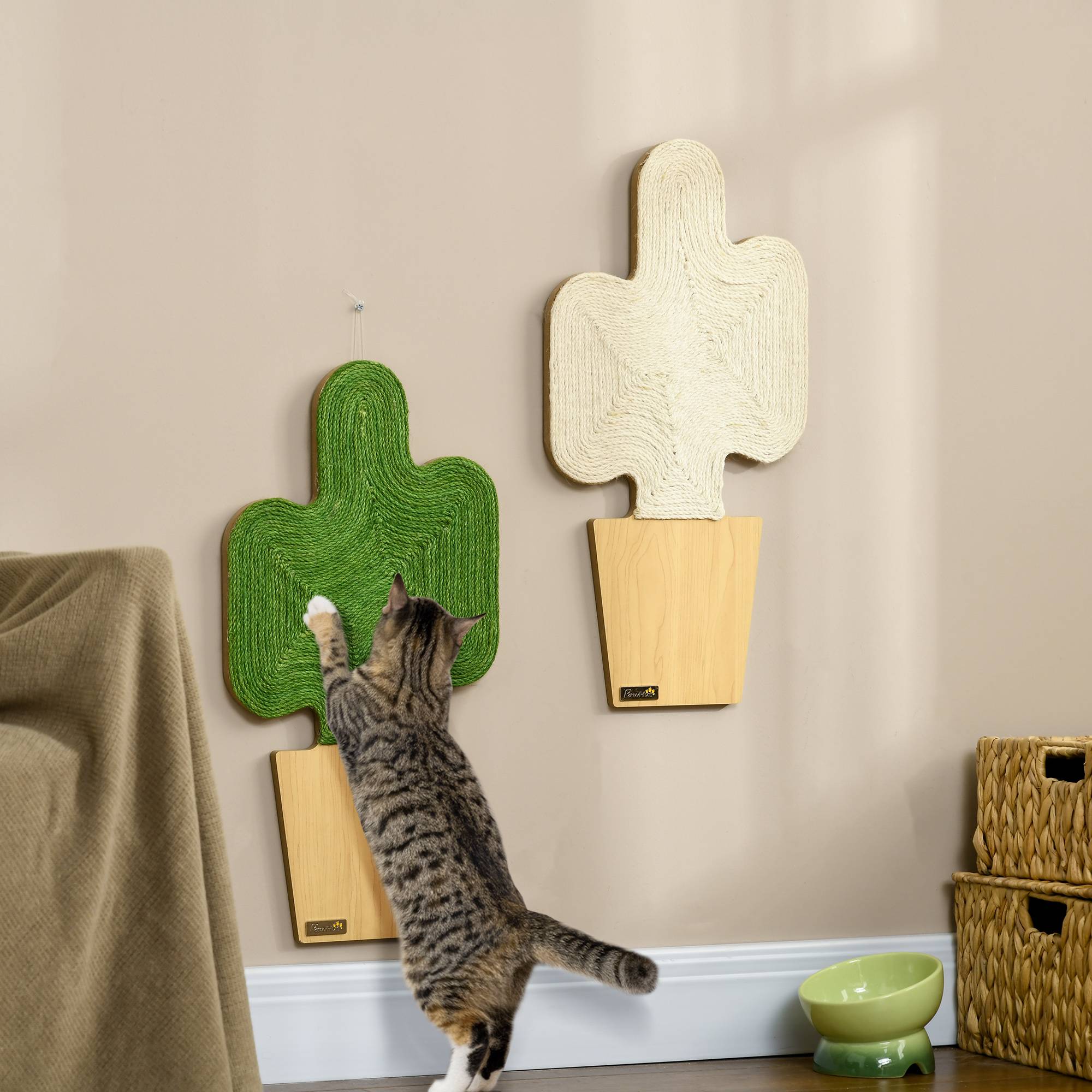 Pawhut - Lot de 2 griffoirs grattoirs murals design cactus dim. 30L x 60H cm jute naturelle écru verte aspect bois clair - Image 2