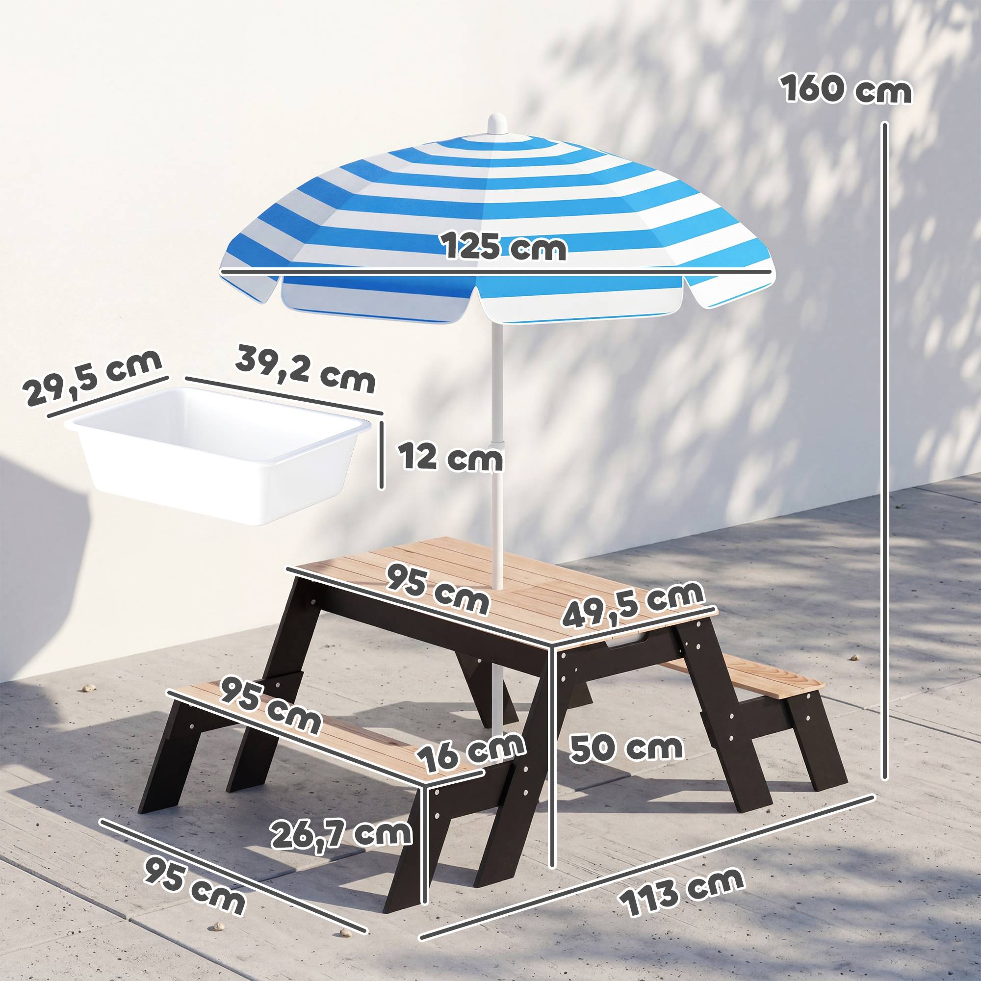 Table de pique-nique enfants avec parasol, 3 en 1 salon de jardin en bois pour enfants 3-6 ans avec 2 boîtes, naturel - Image 5