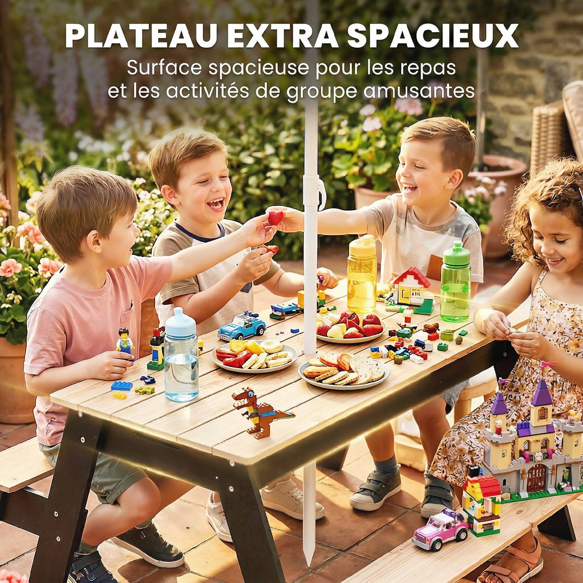 Table de pique-nique enfants avec parasol, 3 en 1 salon de jardin en bois pour enfants 3-6 ans avec 2 boîtes, naturel - Image 8