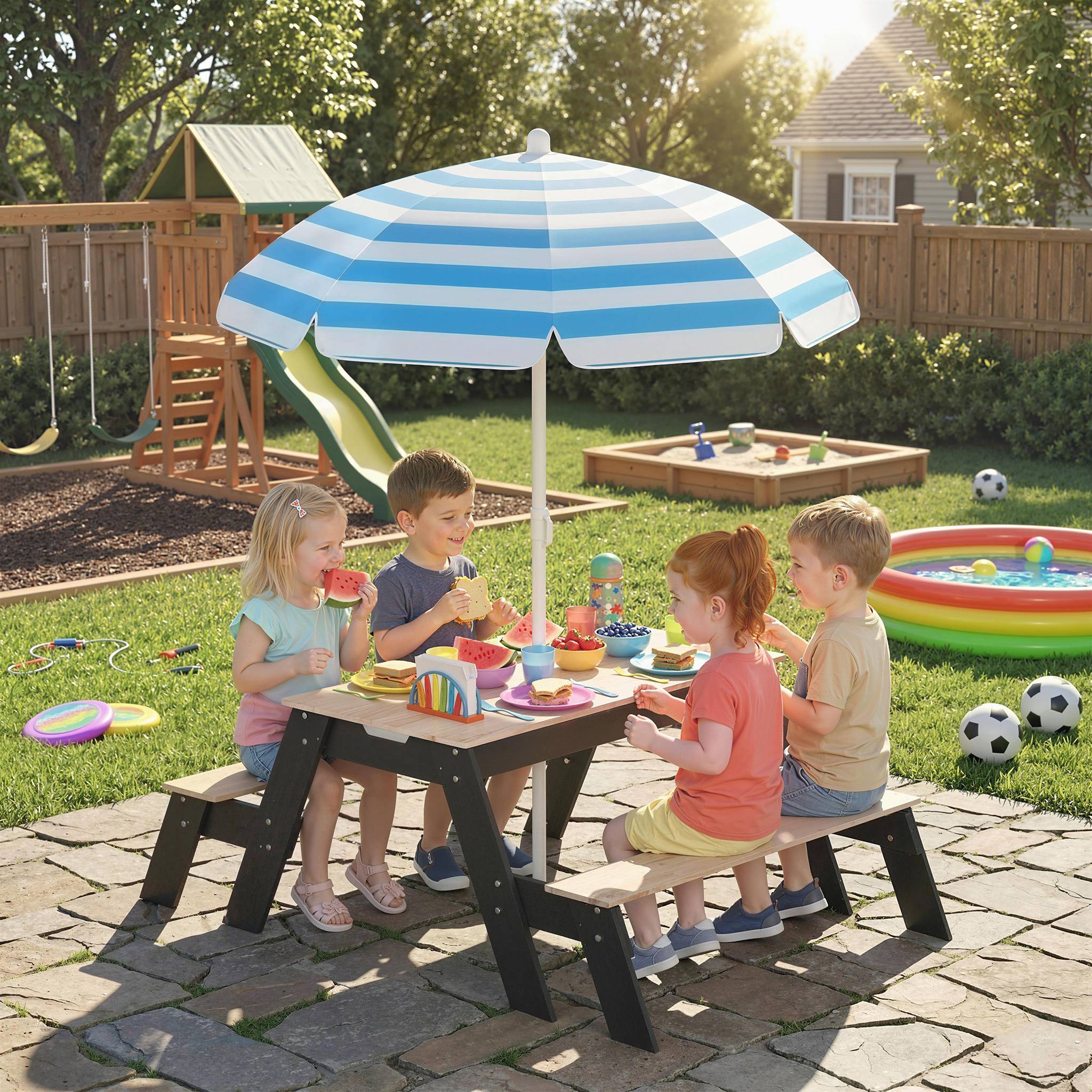 Table de pique-nique enfants avec parasol, 3 en 1 salon de jardin en bois pour enfants 3-6 ans avec 2 boîtes, naturel - Image 3