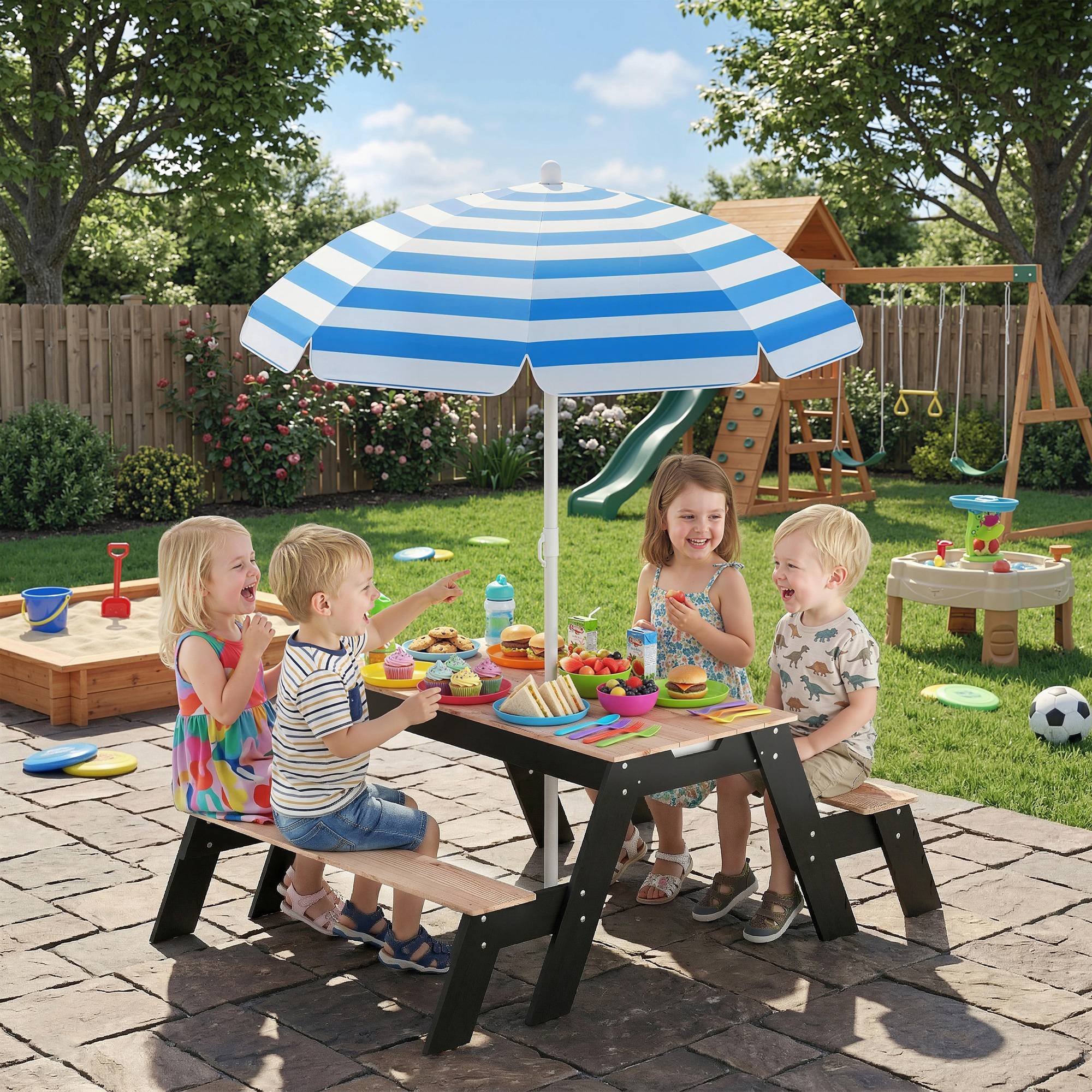 Table de pique-nique enfants avec parasol, 3 en 1 salon de jardin en bois pour enfants 3-6 ans avec 2 boîtes, naturel - Image 4