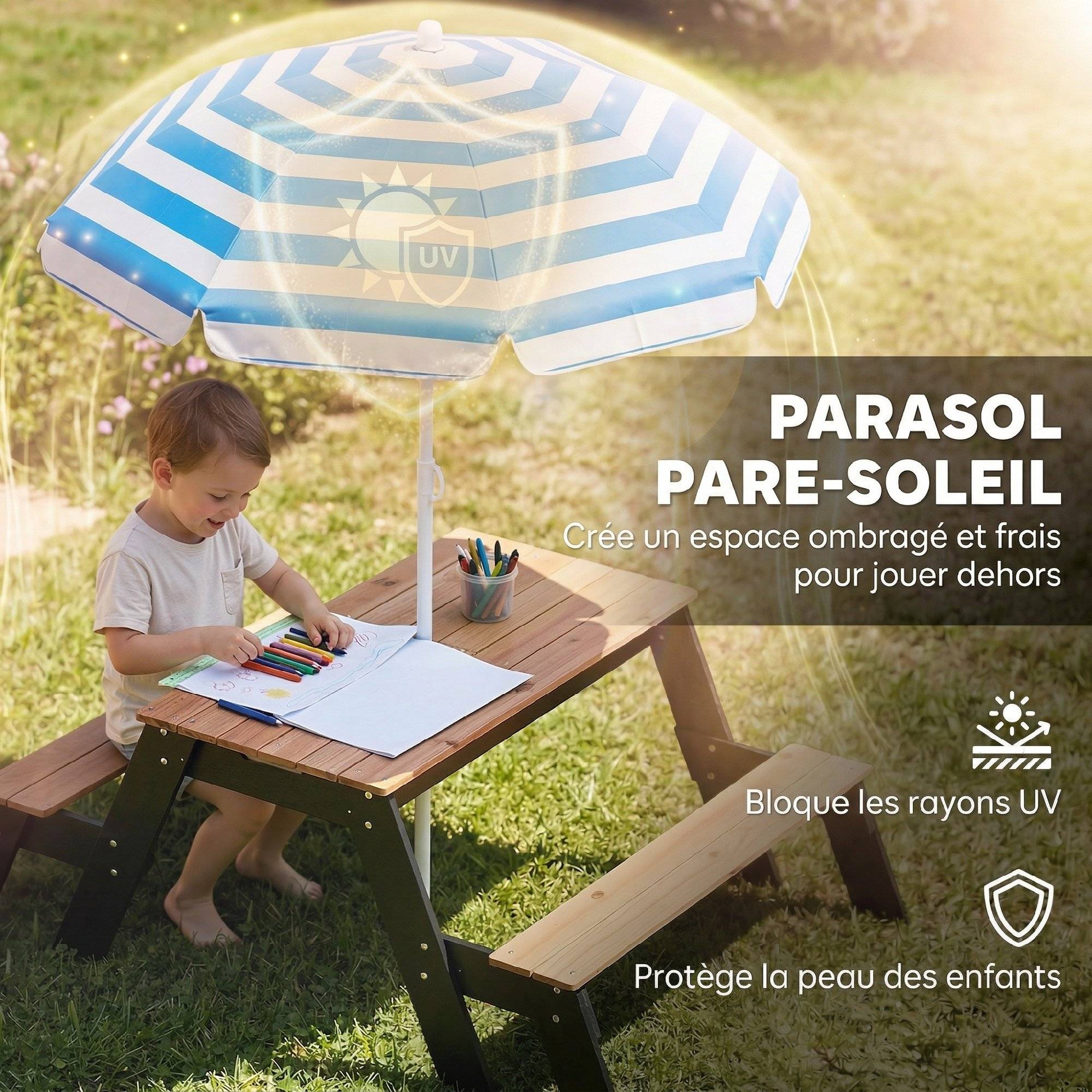 Table de pique-nique enfants avec parasol, 3 en 1 salon de jardin en bois pour enfants 3-6 ans avec 2 boîtes, naturel - Image 7