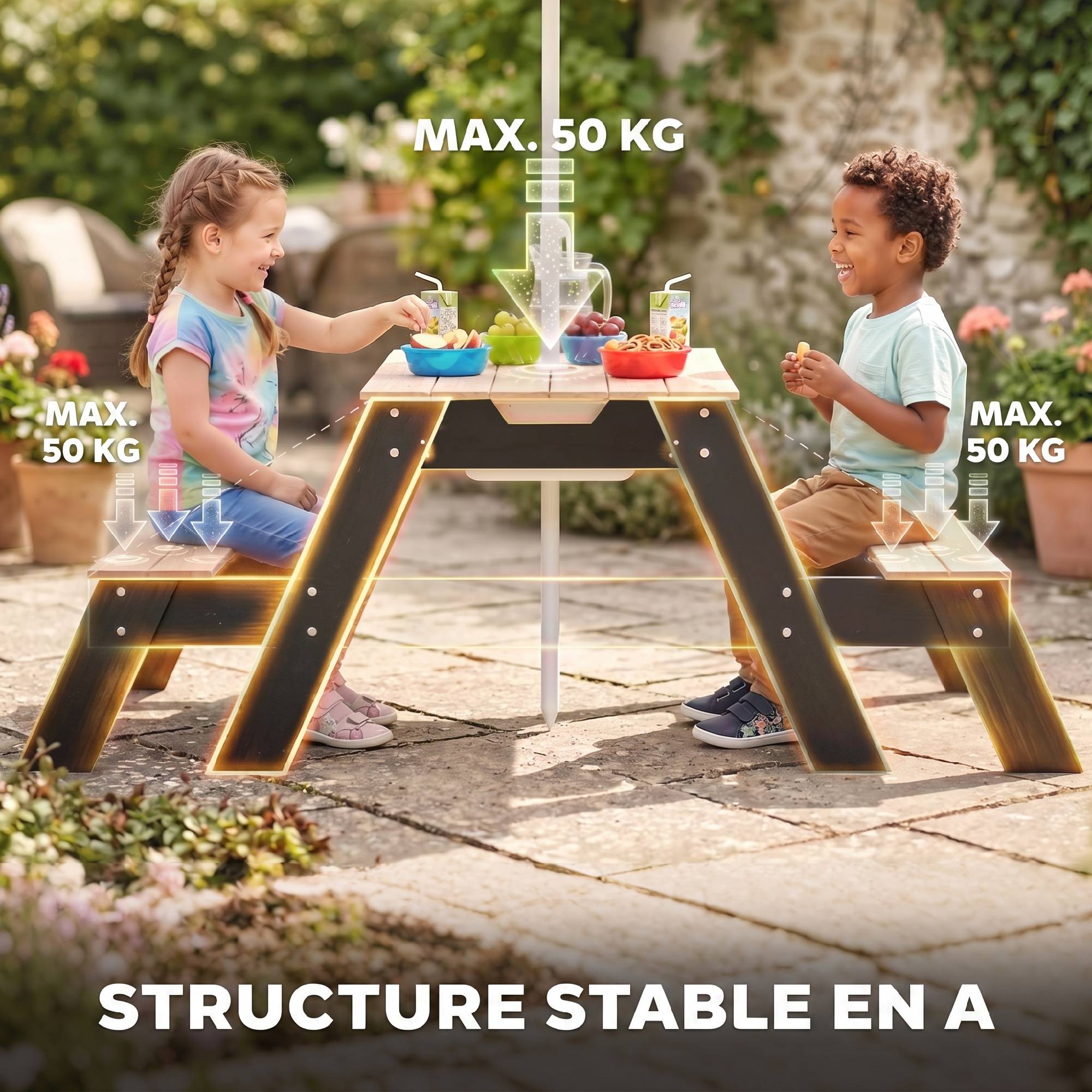 Table de pique-nique enfants avec parasol, 3 en 1 salon de jardin en bois pour enfants 3-6 ans avec 2 boîtes, naturel - Image 10