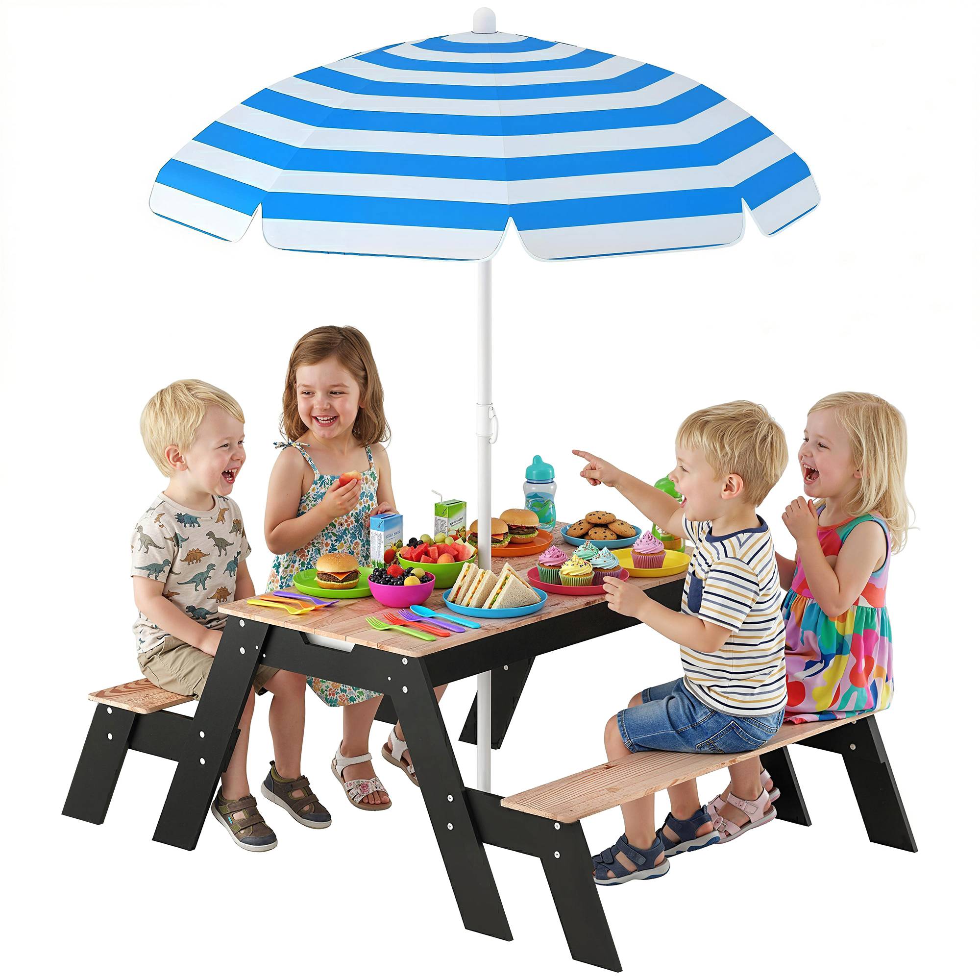 Table de pique-nique enfants avec parasol, 3 en 1 salon de jardin en bois pour enfants 3-6 ans avec 2 boîtes, naturel - Image 2