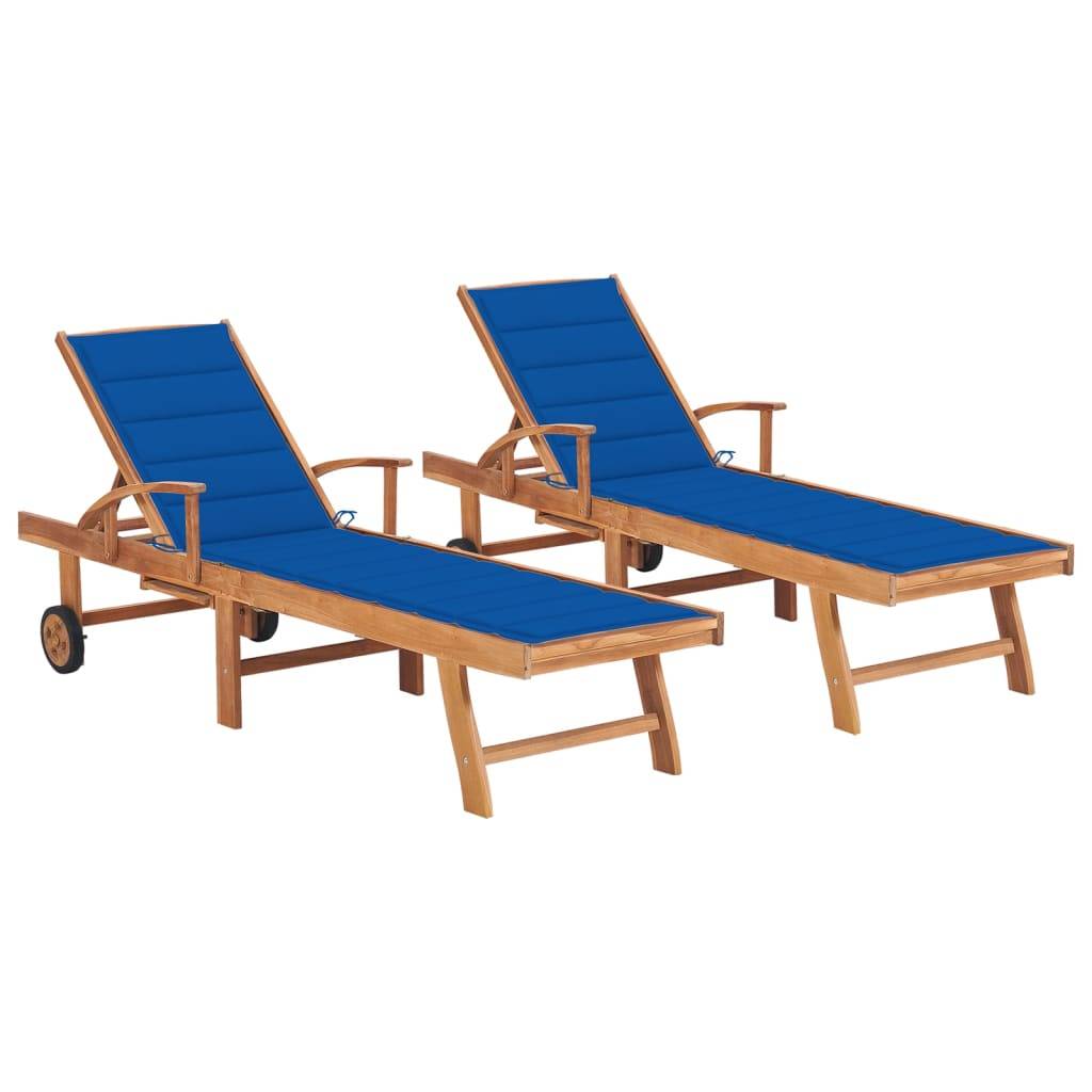 Helloshop26 - Lot de 2 transats chaise longue bain de soleil lit de jardin terrasse meuble d'extérieur avec coussin bleu royal teck solide - Image 1