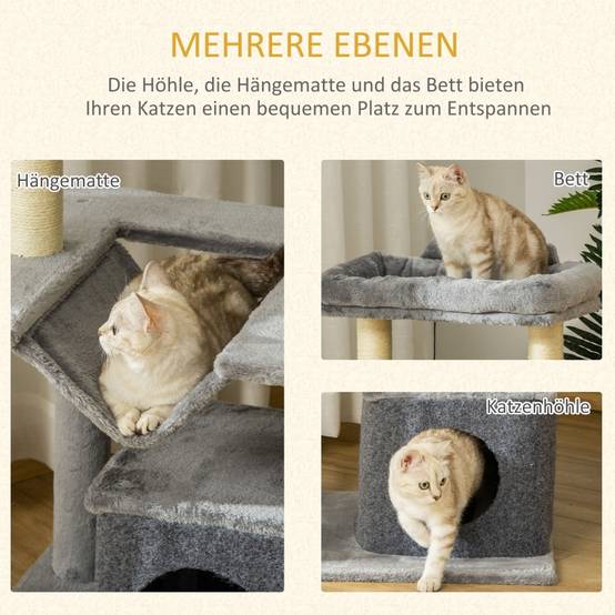 Arbre à chat intérieur avec hamac et niche 48 x 48 x 90 cm fibre de bois sisal et peluche gris - PANGIVO - Image 5