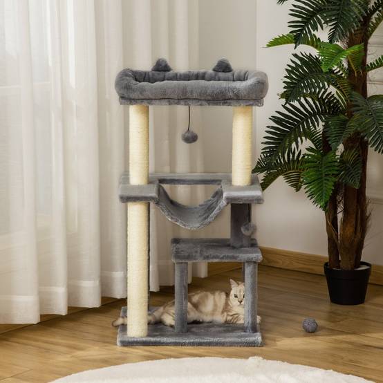 Arbre à chat intérieur avec hamac et niche 48 x 48 x 90 cm fibre de bois sisal et peluche gris - PANGIVO - Image 7
