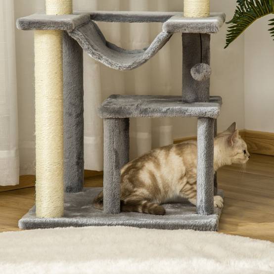 Arbre à chat intérieur avec hamac et niche 48 x 48 x 90 cm fibre de bois sisal et peluche gris - PANGIVO - Image 8