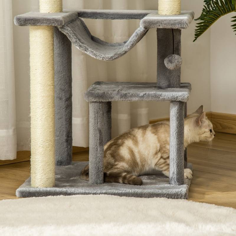 Arbre à chat intérieur avec hamac et niche 48 x 48 x 90 cm fibre de bois sisal et peluche gris - PANGIVO - Image 8