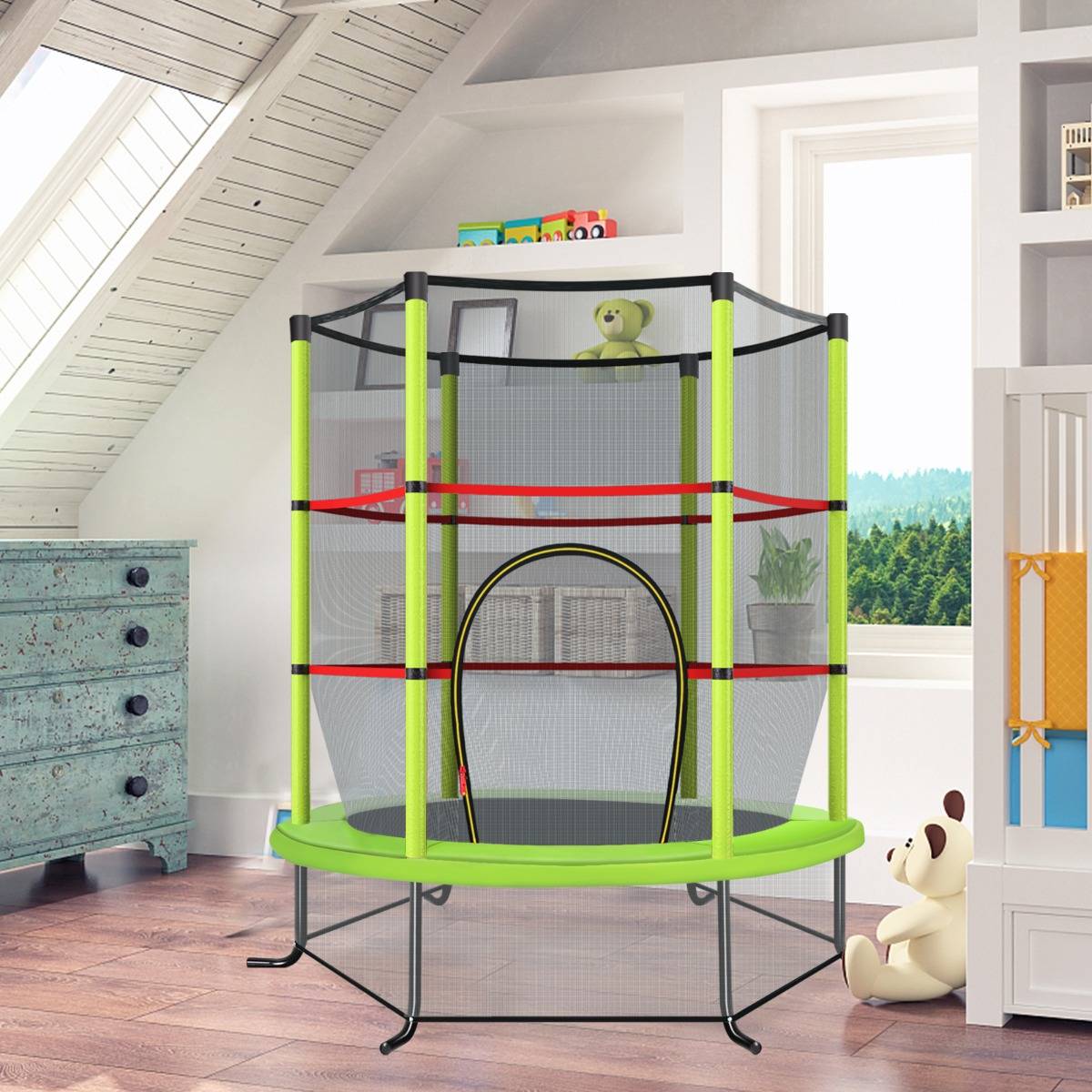Maison Chic - Trampoline de Jardin pour Enfants Ø165CM, avec Filet de Protection Appuis de Ressorts et Structure en Acier Vert - Image 4