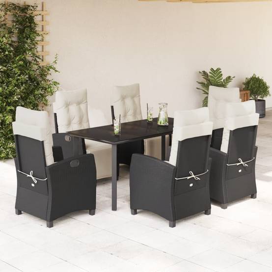 Ensemble Table et Chaises de Jardin 6 Personnes, Fauteuils Multi-positions Résine Tressée Noire, Coussins Crème – ComfortXL Outdoor Living - Image 1