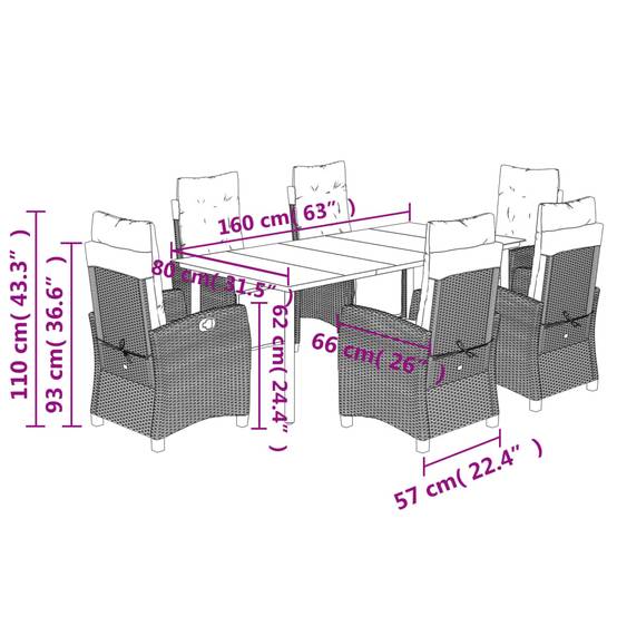 Ensemble Table et Chaises de Jardin 6 Personnes, Fauteuils Multi-positions Résine Tressée Noire, Coussins Crème – ComfortXL Outdoor Living - Image 9