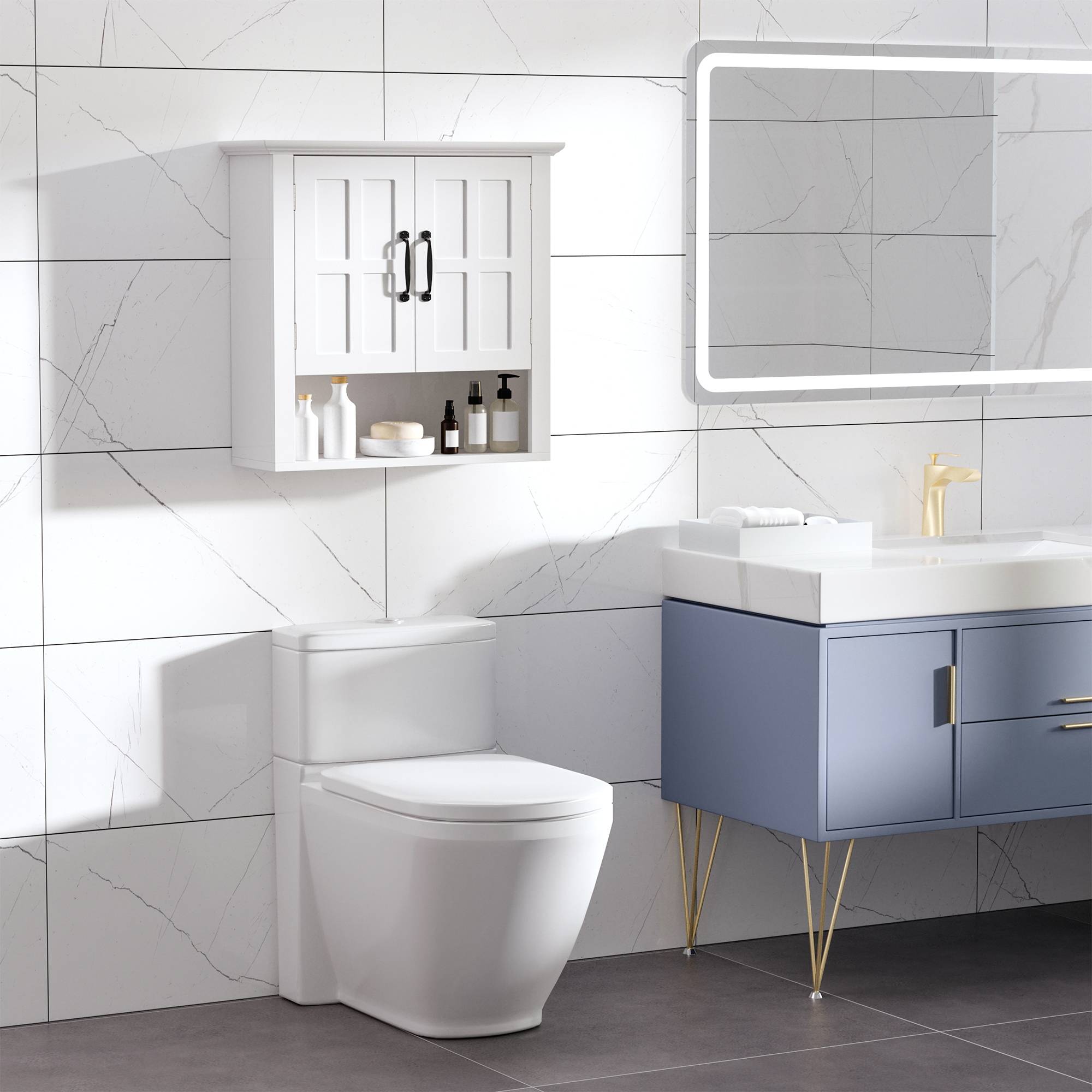 Sans Marque - Armoire Haute Murale Salle Bain WC Placard 2 Portes 2 étagères Niche 60x20x58 cm MDF Panneaux Particules Blanc - Image 4