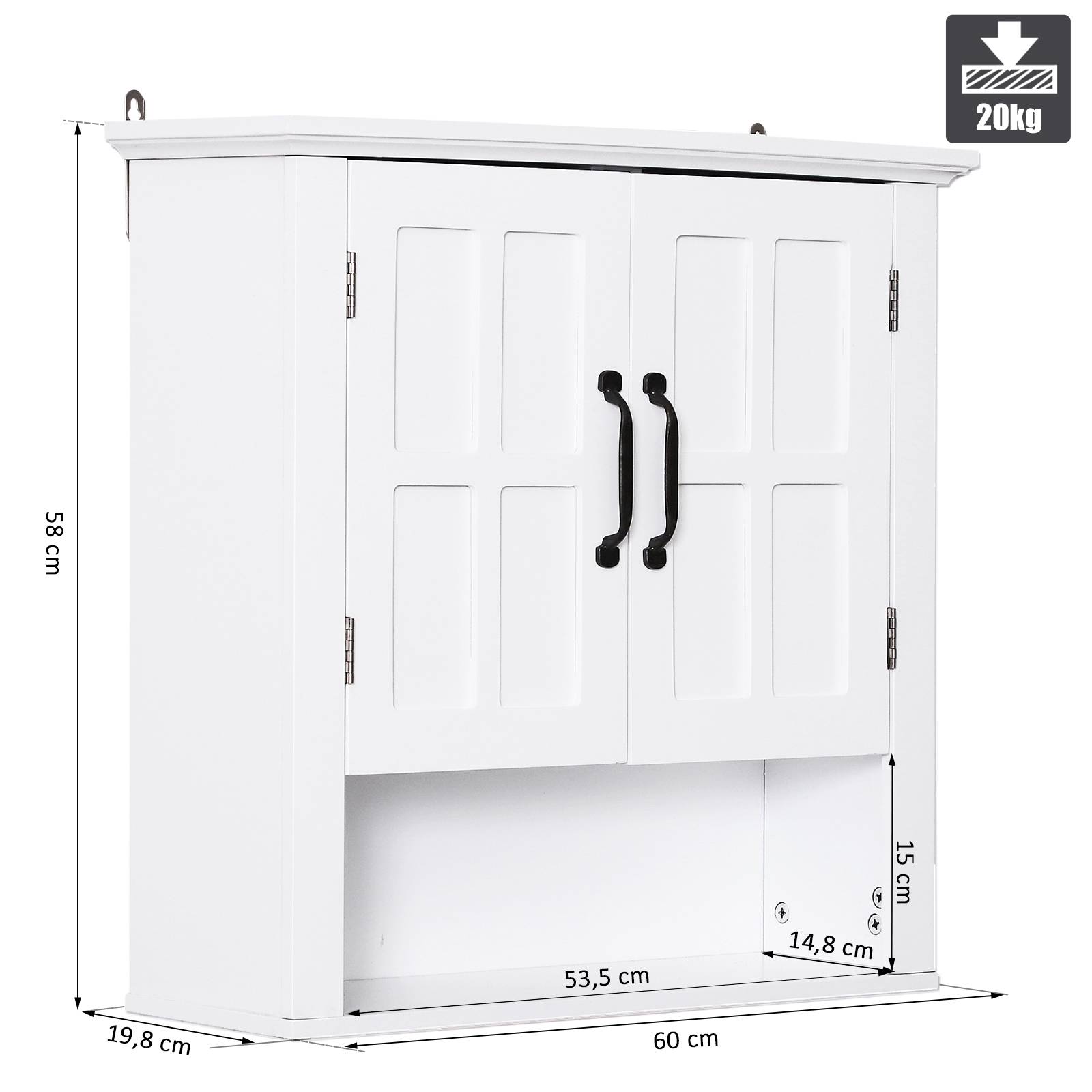 Sans Marque - Armoire Haute Murale Salle Bain WC Placard 2 Portes 2 étagères Niche 60x20x58 cm MDF Panneaux Particules Blanc - Image 5