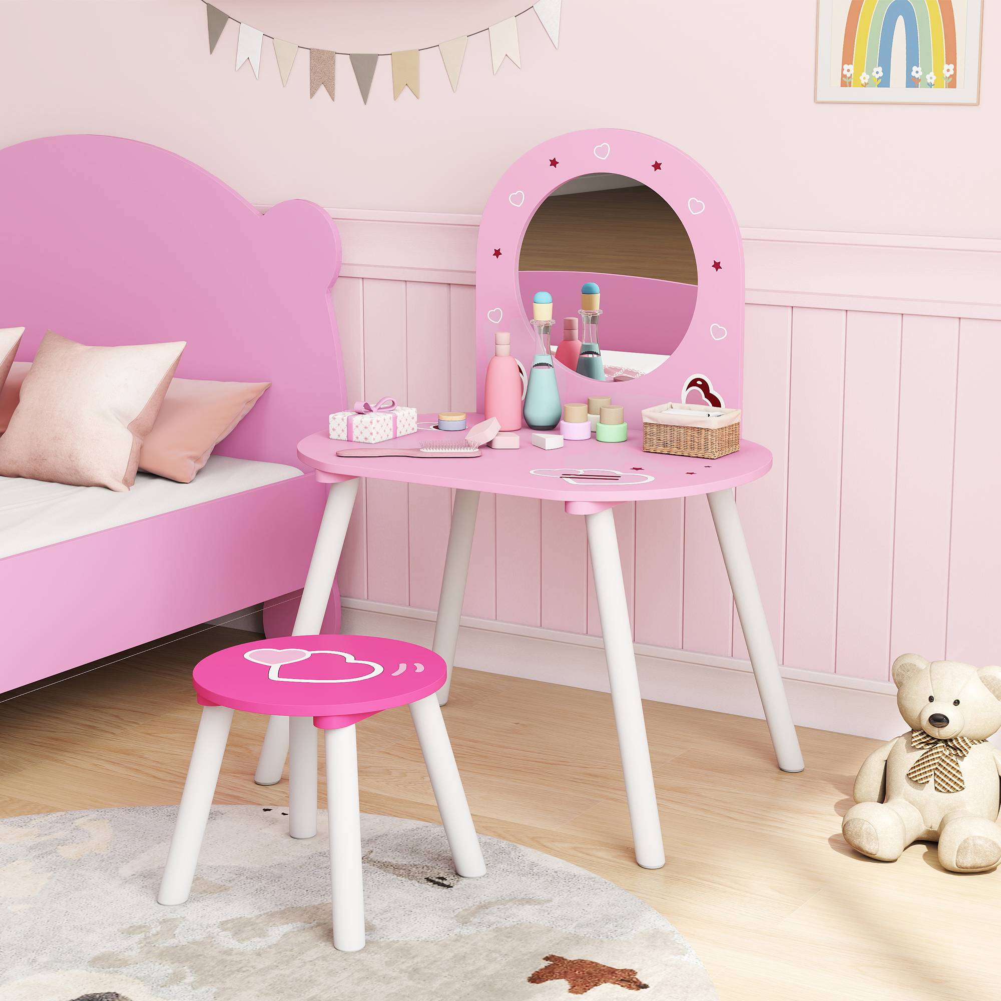 Sans Marque - Coiffeuse pour enfants avec tabouret et miroir, rose, ornée de cœurs, pour filles et garçons de 3 à 6 ans. - Image 4
