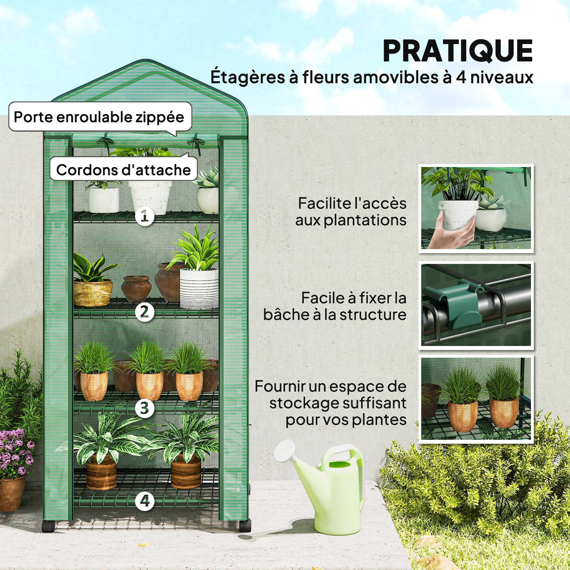 Serre de jardin balcon étagère serre 4 niveaux 69L x 50l x 165H cm acier époxy bâche amovible PE haute densité vert - Image 8