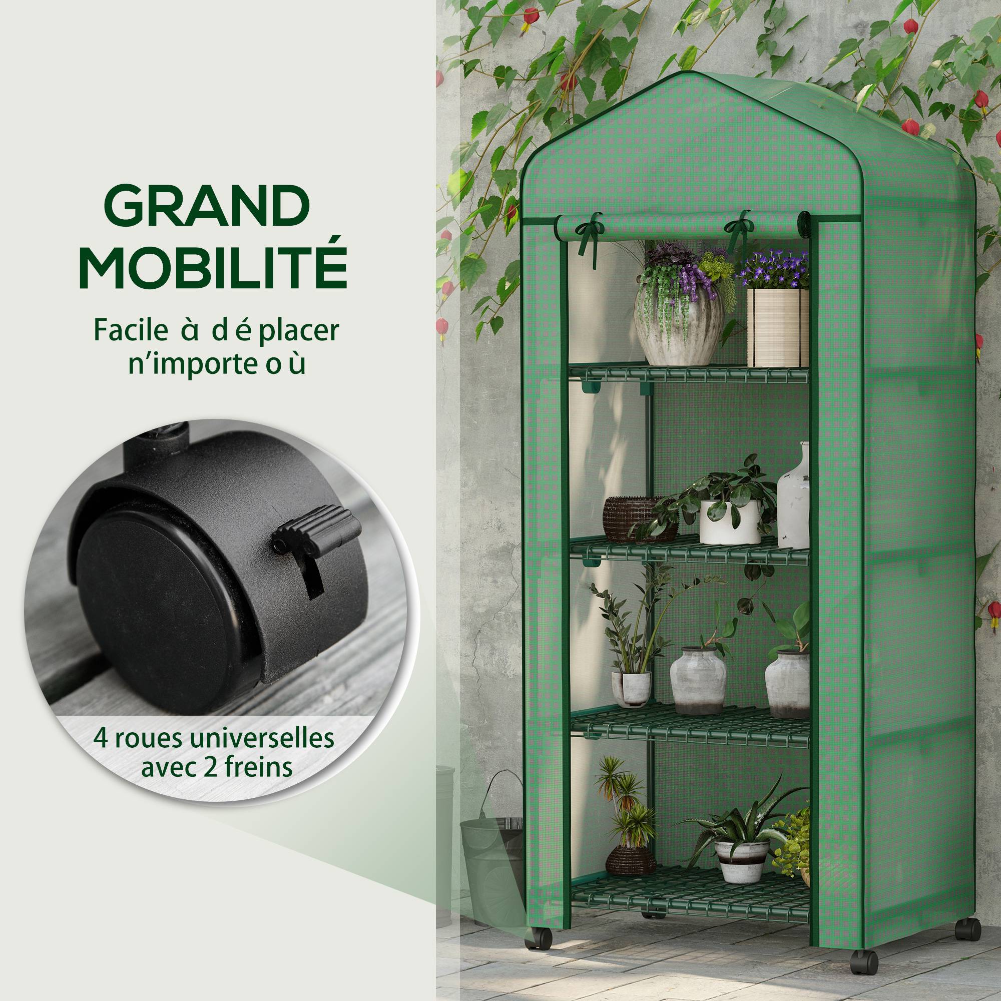 Serre de jardin balcon étagère serre 4 niveaux 69L x 50l x 165H cm acier époxy bâche amovible PE haute densité vert - Image 7