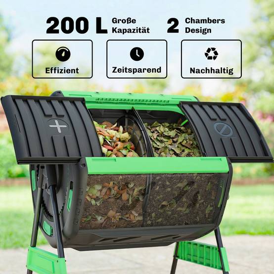 ComfortXL - Composteur rotatif 200 L plastique métal vert double chambre 360° pour déchets verts et déchets de cuisine - Image 4