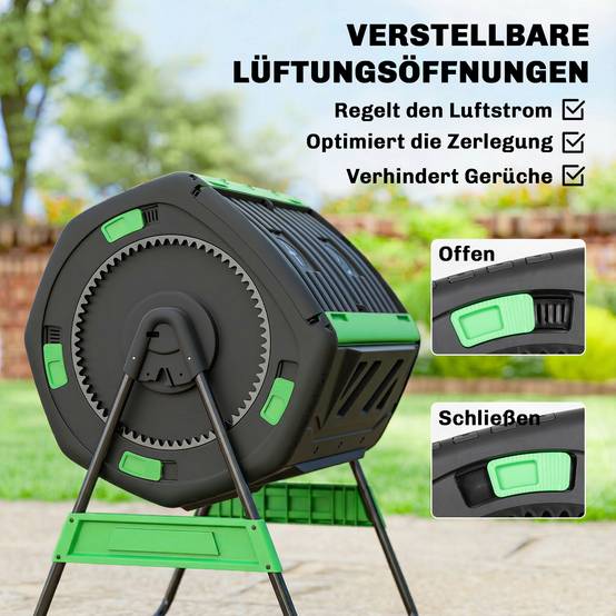 ComfortXL - Composteur rotatif 200 L plastique métal vert double chambre 360° pour déchets verts et déchets de cuisine - Image 7