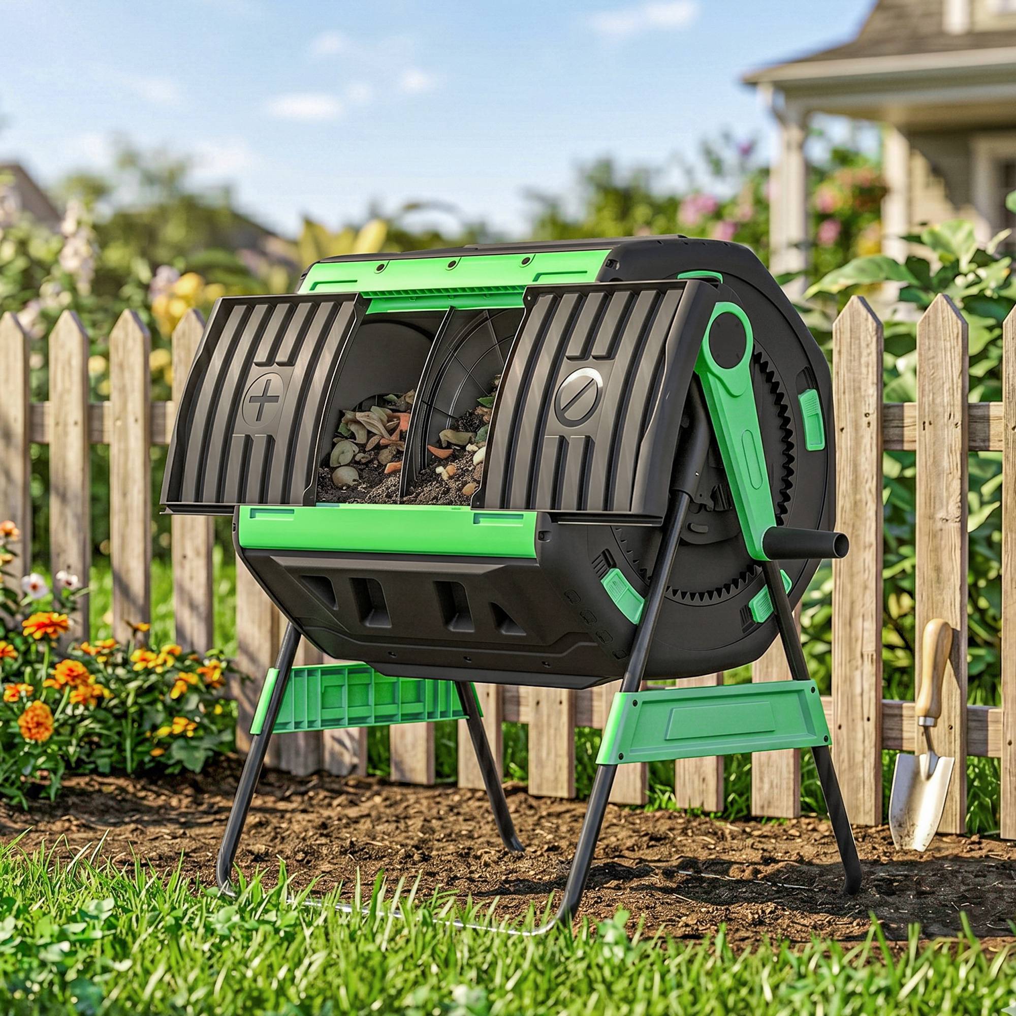ComfortXL - Composteur rotatif 200 L plastique métal vert double chambre 360° pour déchets verts et déchets de cuisine - Image 8
