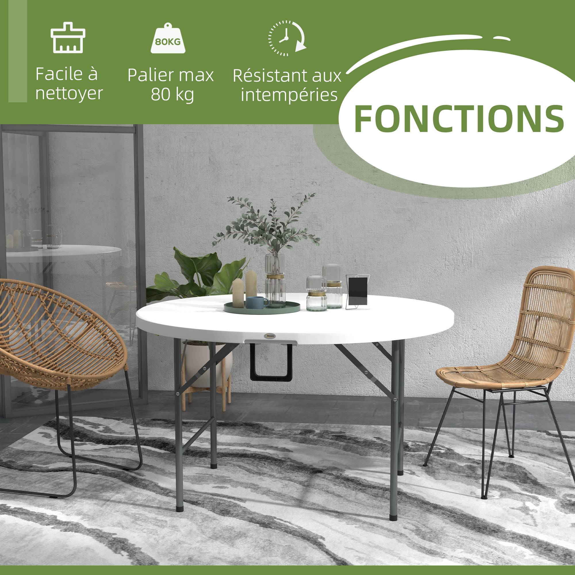 Table ronde de jardin pliante Ø122 cm peut accueillir 6 personnes pour évènement, structure métal, plateau HDPE - Image 7