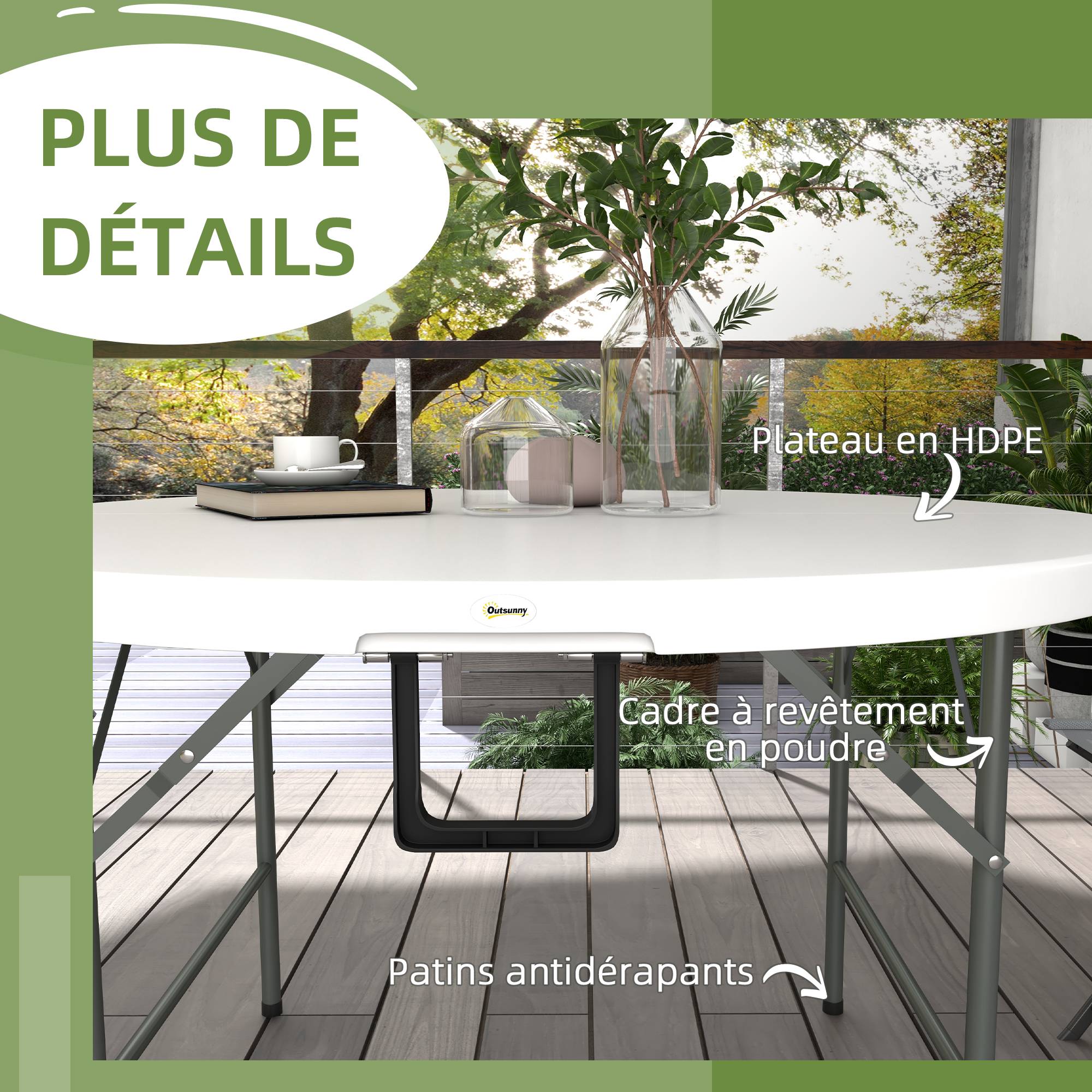 Table ronde de jardin pliante Ø122 cm peut accueillir 6 personnes pour évènement, structure métal, plateau HDPE - Image 8