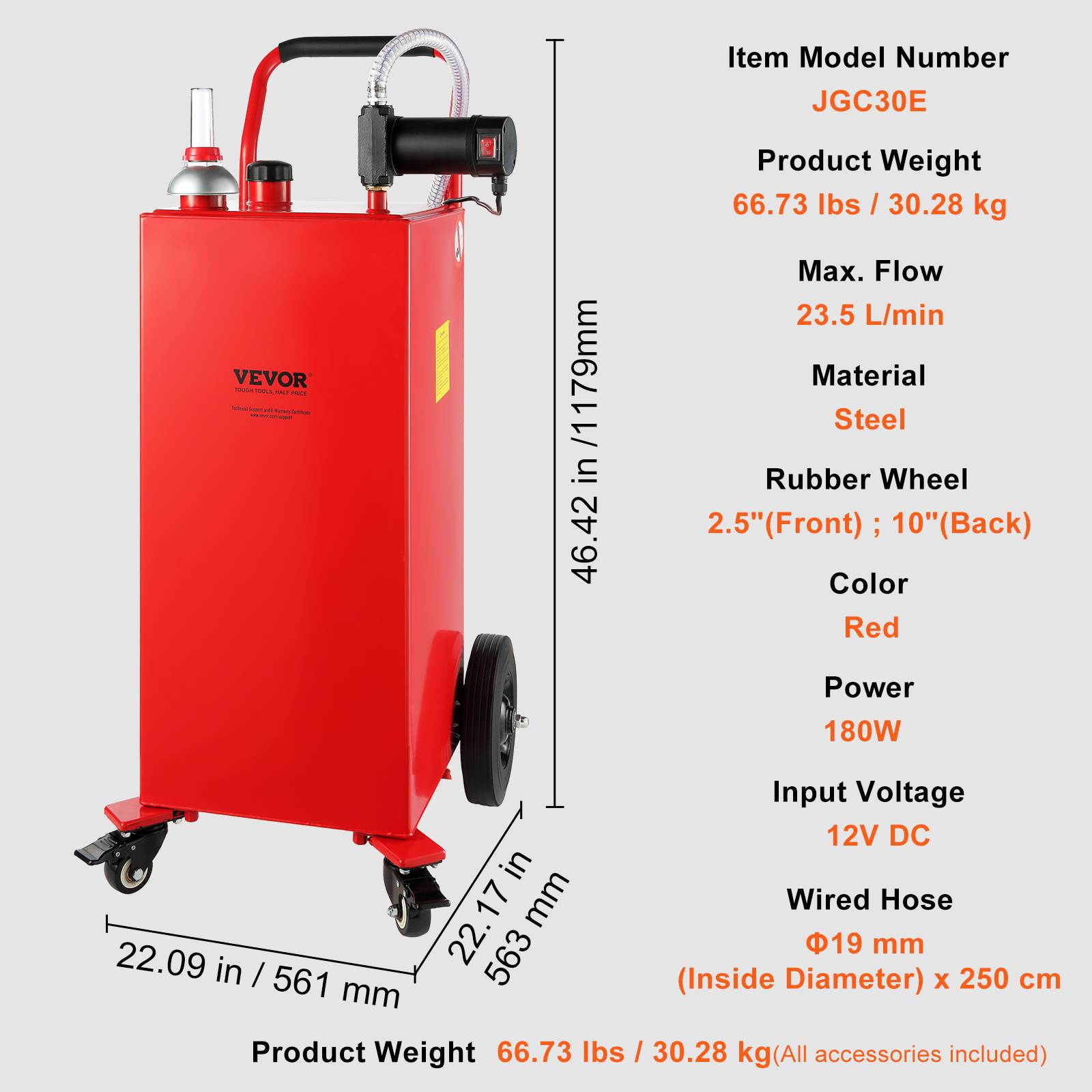 VEVOR Bidon essence sur roues, 113,6 L, pompe électrique 23,5 L/min. Pour diesel, tondeuse, bateau, moto. - Image 6