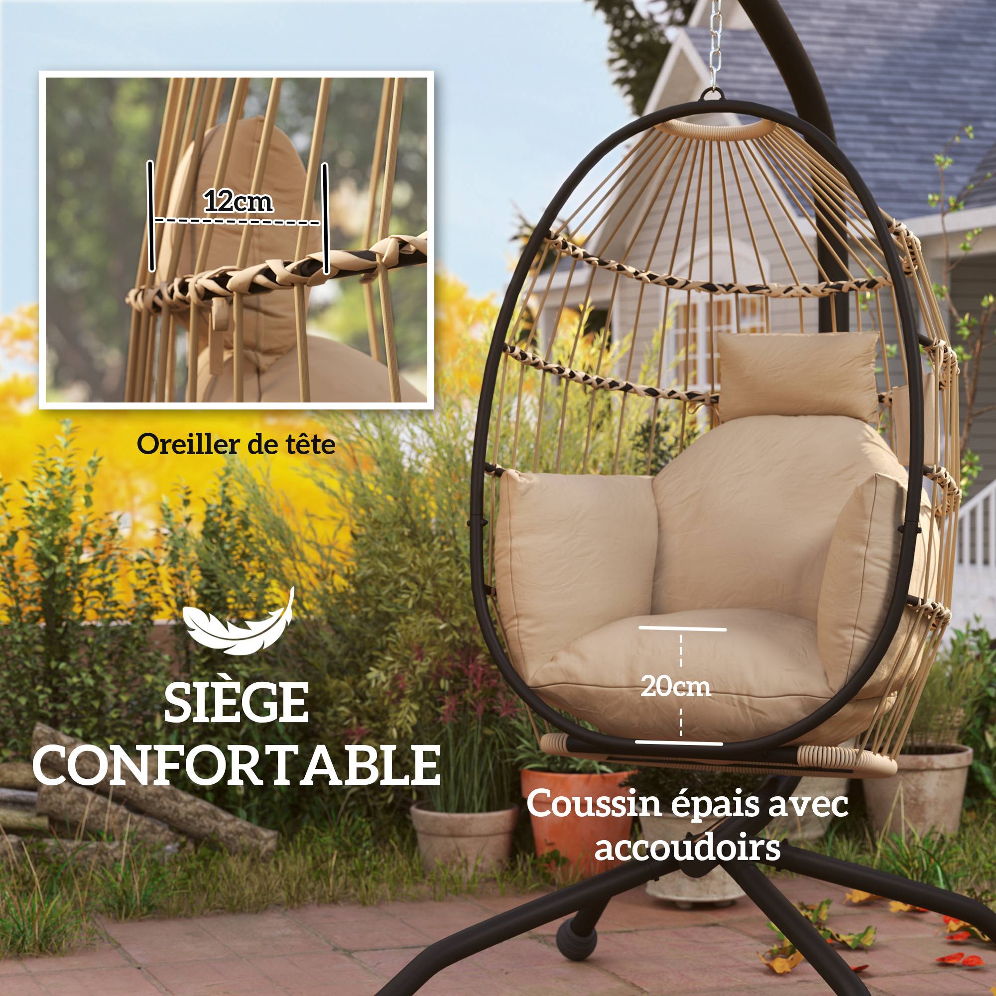 Fauteuil oeuf suspendu, intérieur et extérieur, panier pliable, coussin rembourré, cadre en acier, beige - Image 6