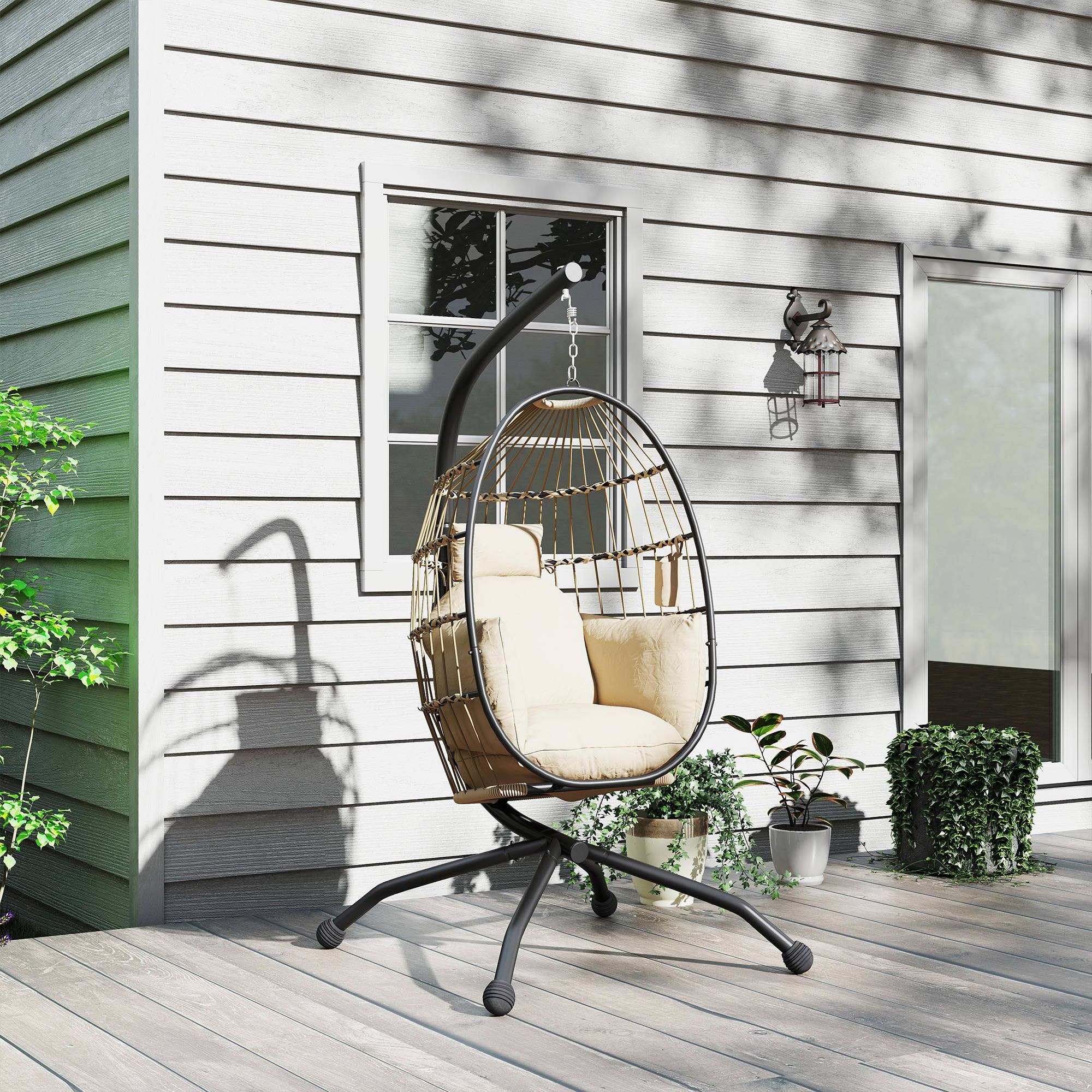 Fauteuil oeuf suspendu, intérieur et extérieur, panier pliable, coussin rembourré, cadre en acier, beige - Image 10