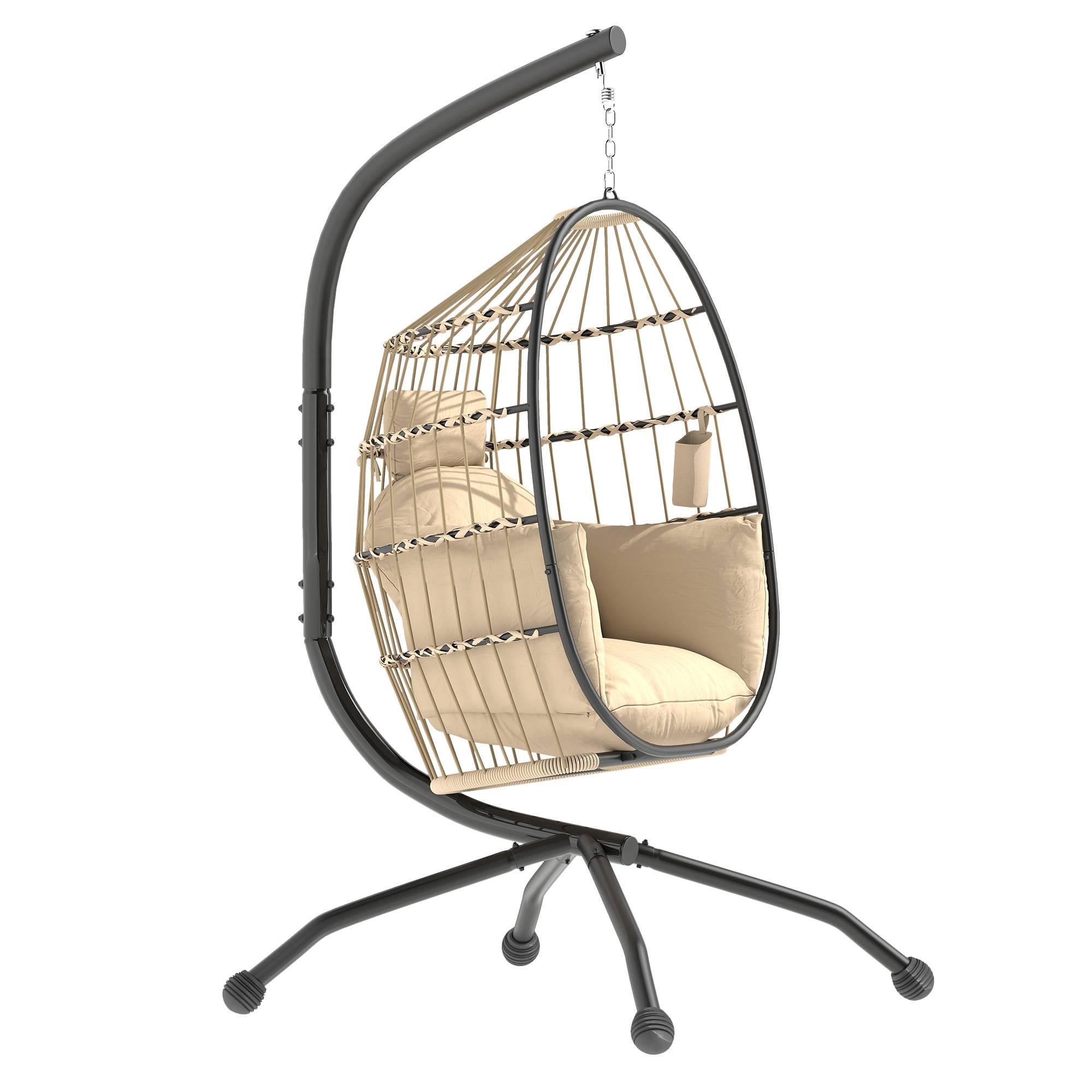 Fauteuil oeuf suspendu, intérieur et extérieur, panier pliable, coussin rembourré, cadre en acier, beige - Image 2