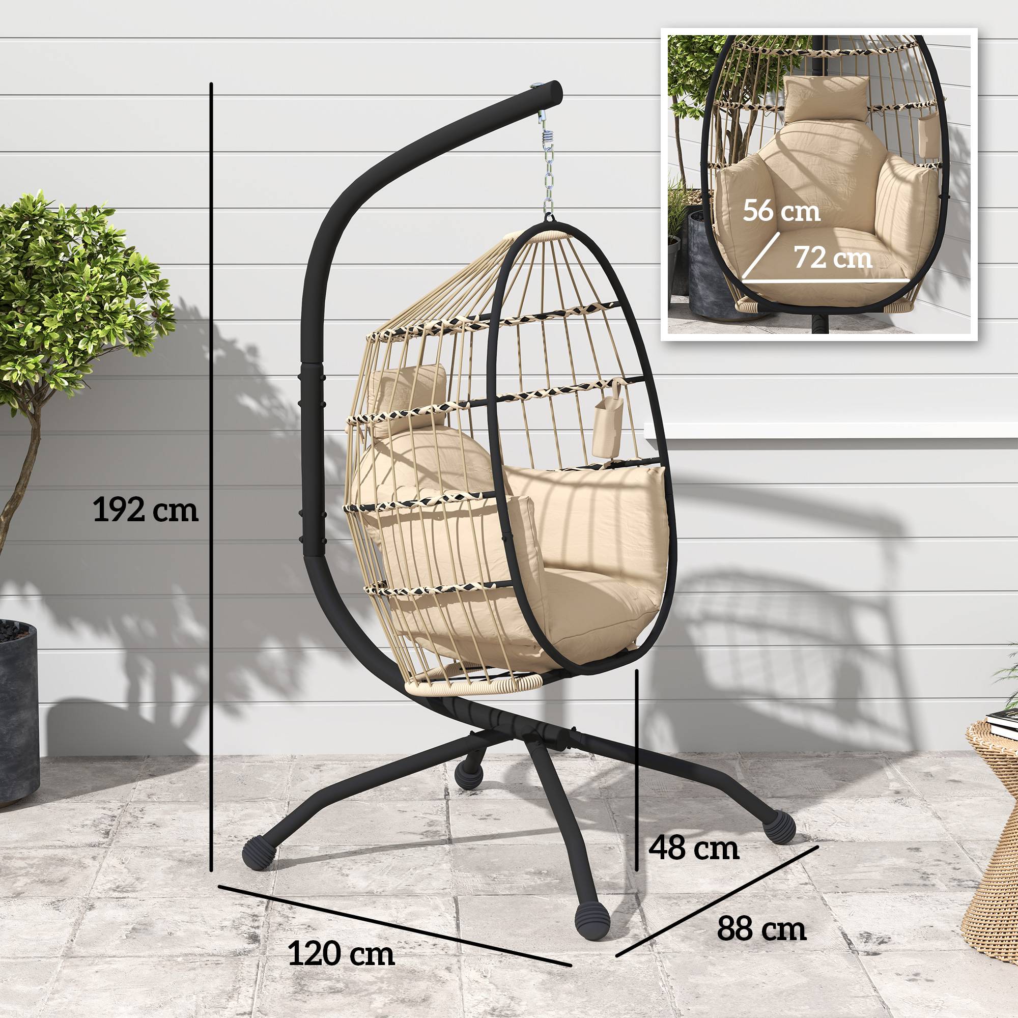 Fauteuil oeuf suspendu, intérieur et extérieur, panier pliable, coussin rembourré, cadre en acier, beige - Image 5