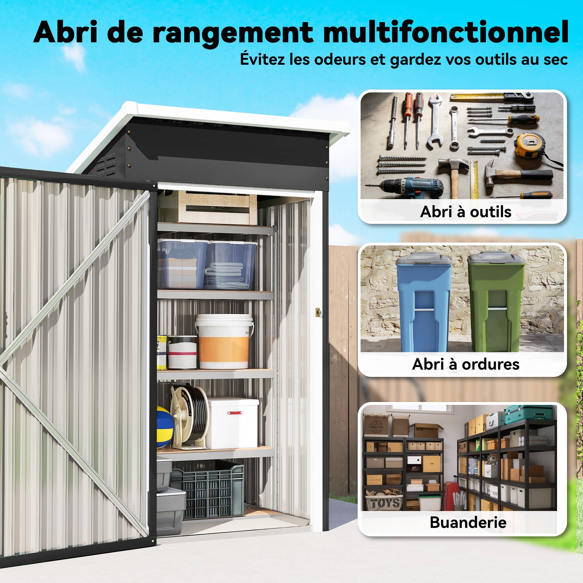 Abri de jardin en métal, cabane de jardin, porte verrouillable, toit incliné, aérations et gants, 107,5x91x185cm, gris - Image 6