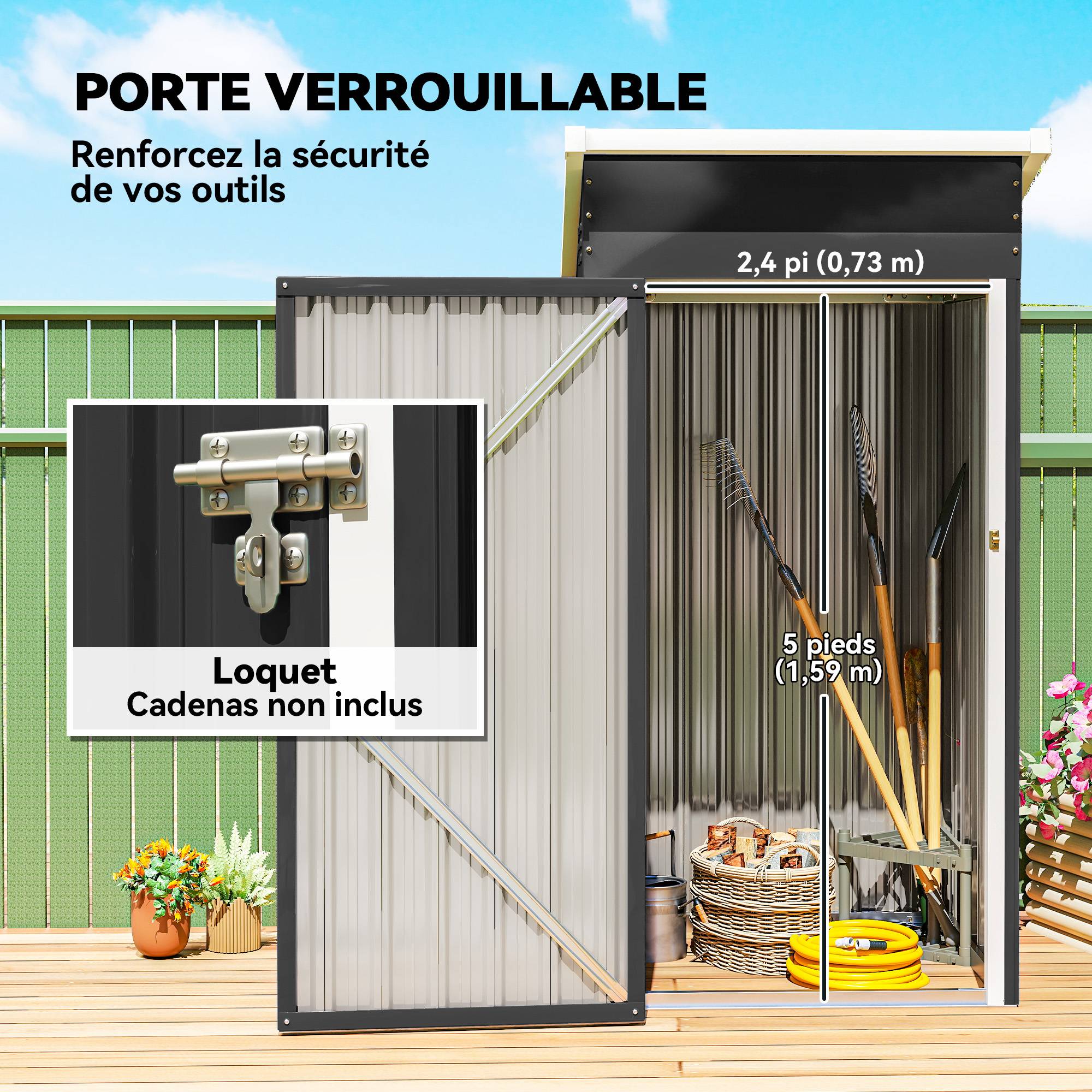 Abri de jardin en métal, cabane de jardin, porte verrouillable, toit incliné, aérations et gants, 107,5x91x185cm, gris - Image 9