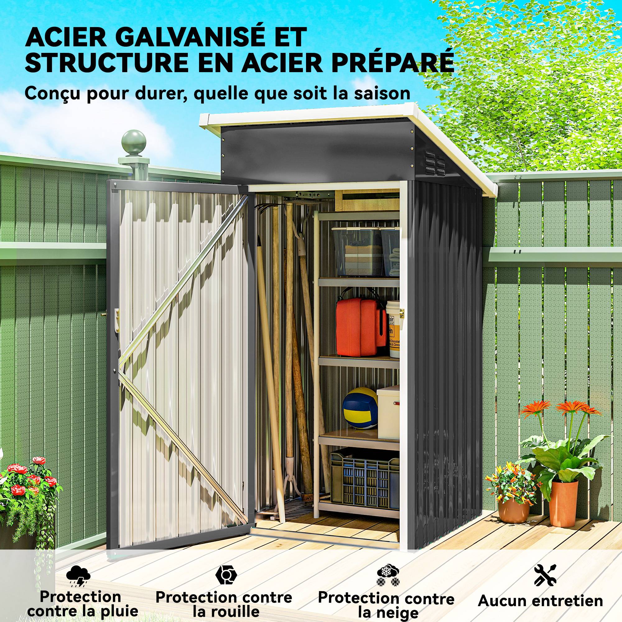 Abri de jardin en métal, cabane de jardin, porte verrouillable, toit incliné, aérations et gants, 107,5x91x185cm, gris - Image 8