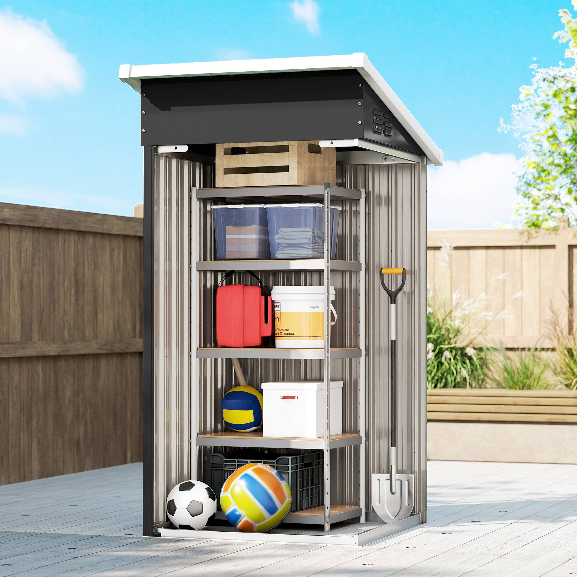 Abri de jardin en métal, cabane de jardin, porte verrouillable, toit incliné, aérations et gants, 107,5x91x185cm, gris - Image 10