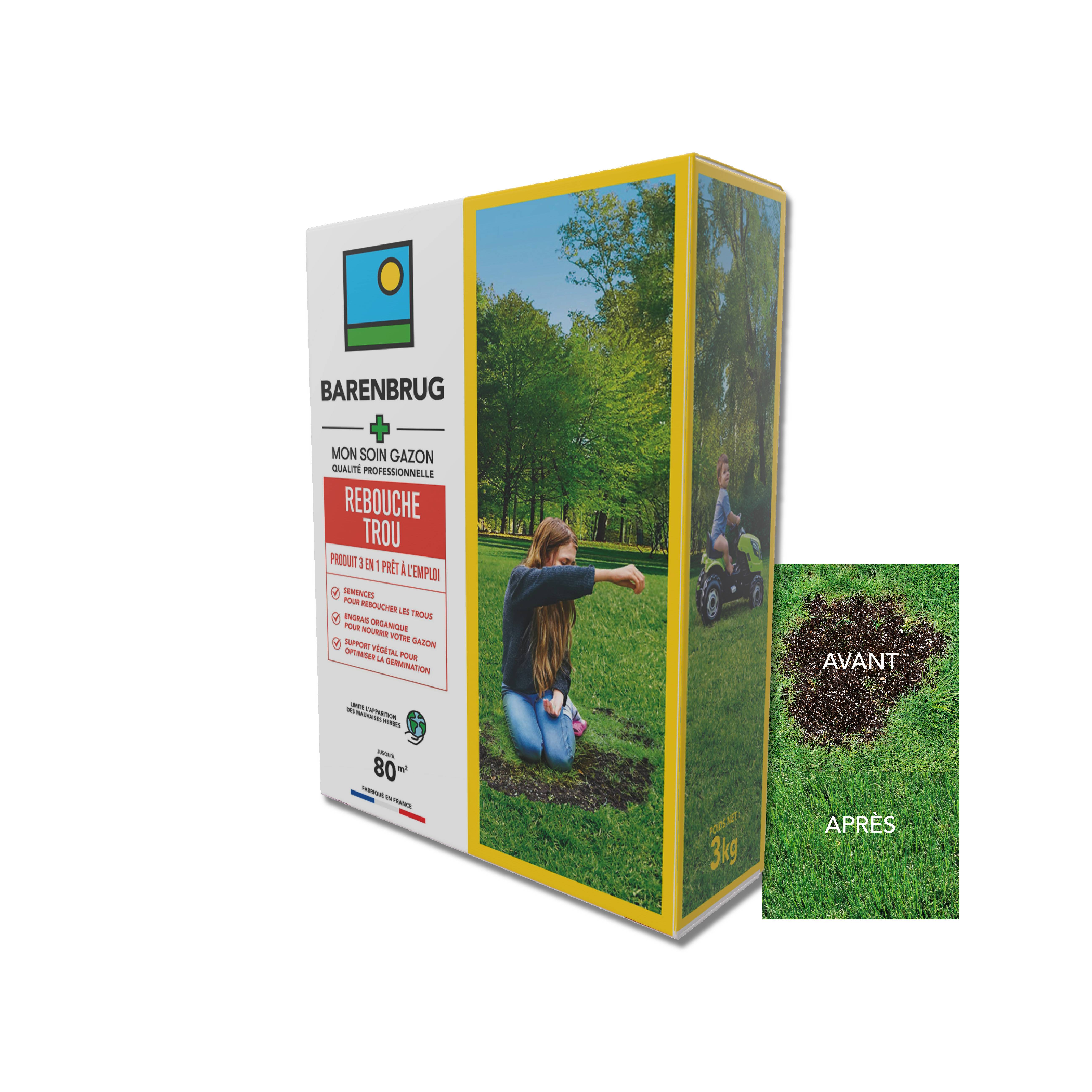 Barenbrug - Soin Rebouche Trou - Solution 3-en-1 - Engrais Organique pour Nourrir Gazon - Support Végétal pour Optimiser Germination - 3KG - BARENBRUG - Image 1