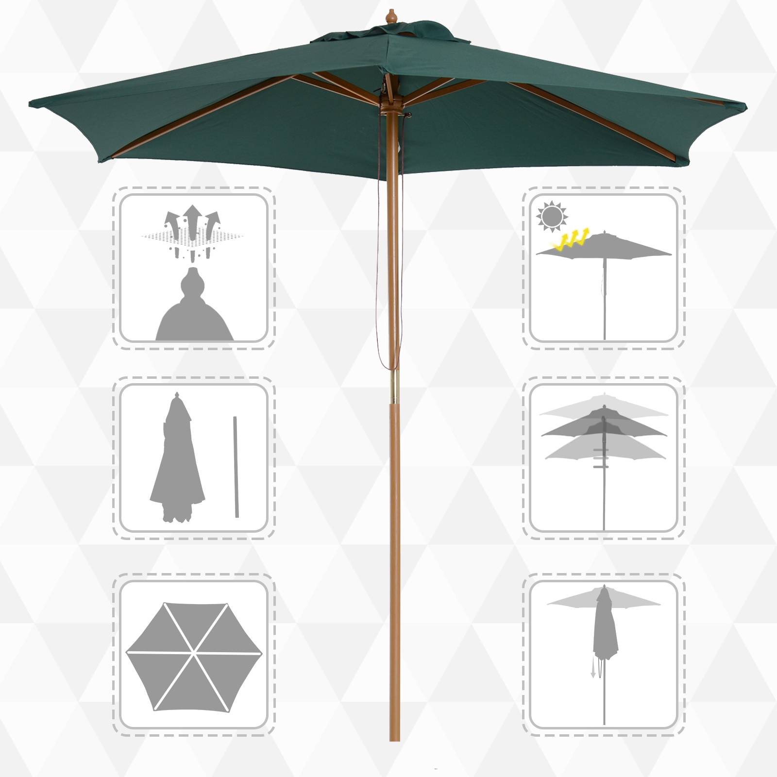 ComfortXL - Parasol Droit en Bois de Bambou Toile Verte avec Système à Poulie Ø250 cm - ComfortXL Outdoor Living - Image 6