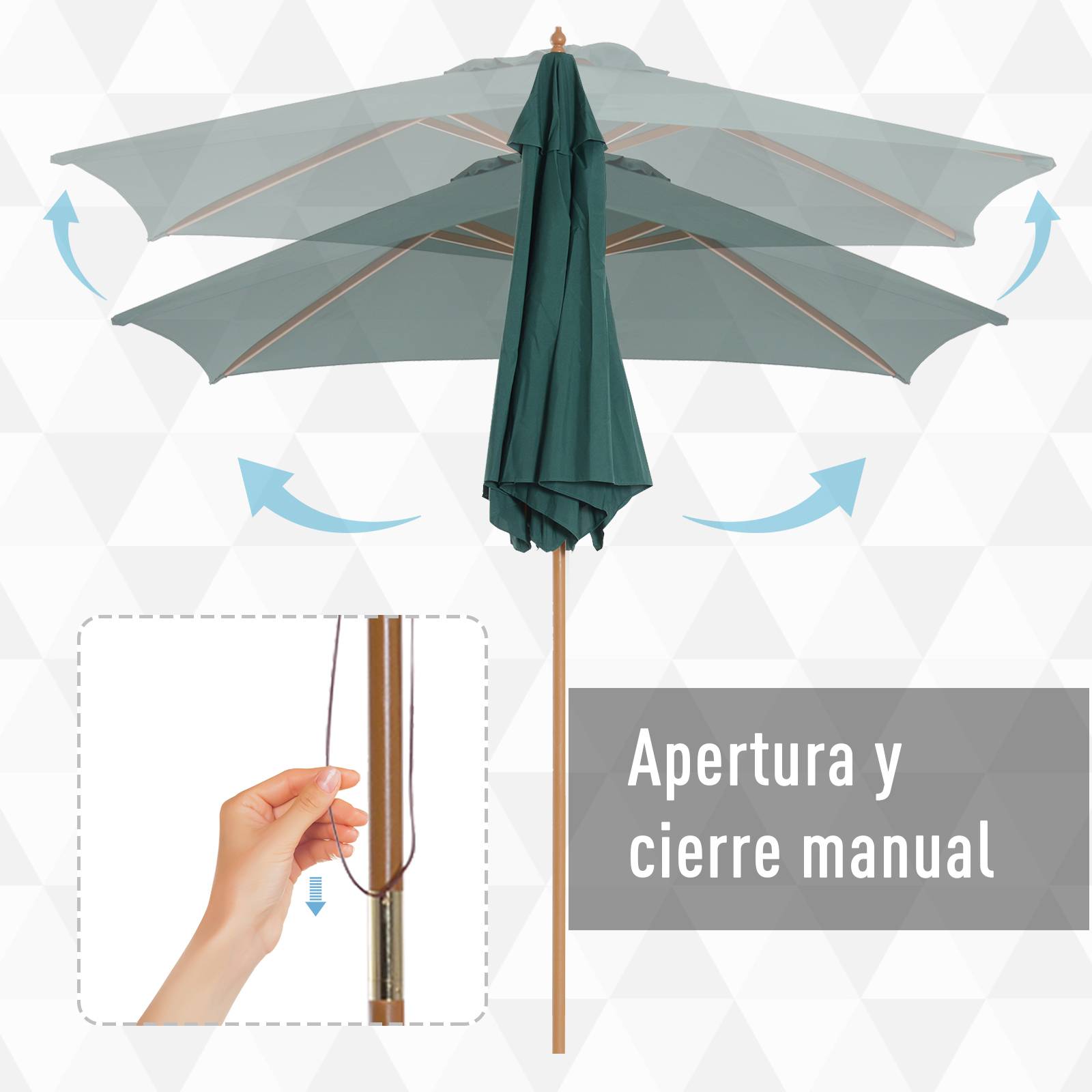 ComfortXL - Parasol Droit en Bois de Bambou Toile Verte avec Système à Poulie Ø250 cm - ComfortXL Outdoor Living - Image 7